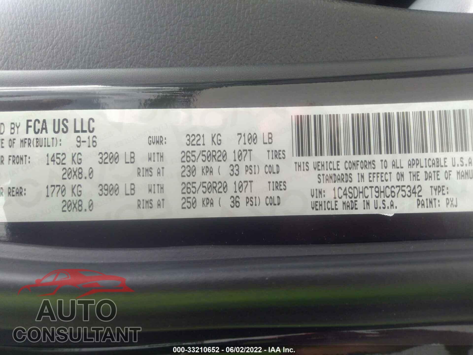 DODGE DURANGO 2017 - 1C4SDHCT9HC675342