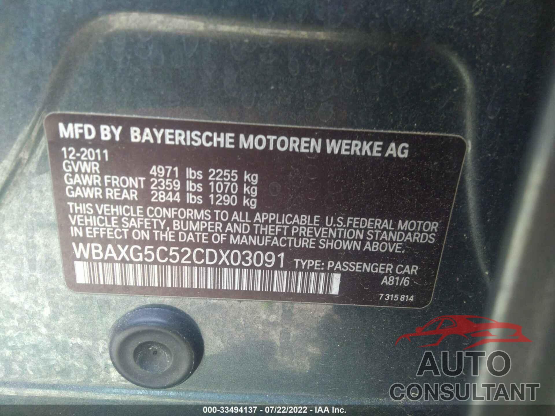 BMW 5 SERIES 2012 - WBAXG5C52CDX03091