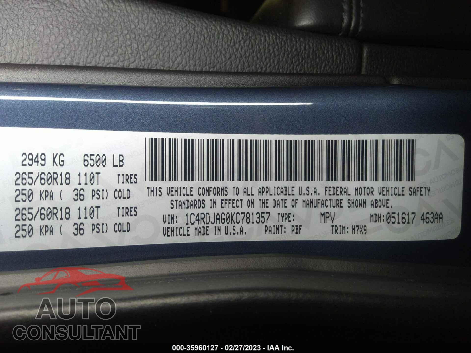 DODGE DURANGO 2019 - 1C4RDJAG0KC781357