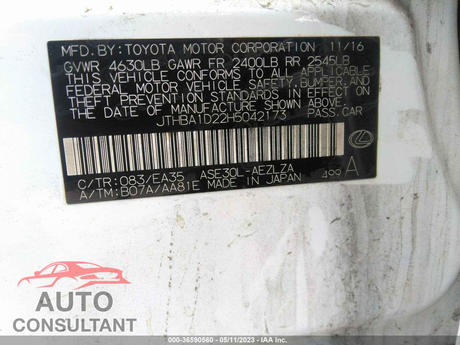 LEXUS IS 2017 - JTHBA1D22H5042173