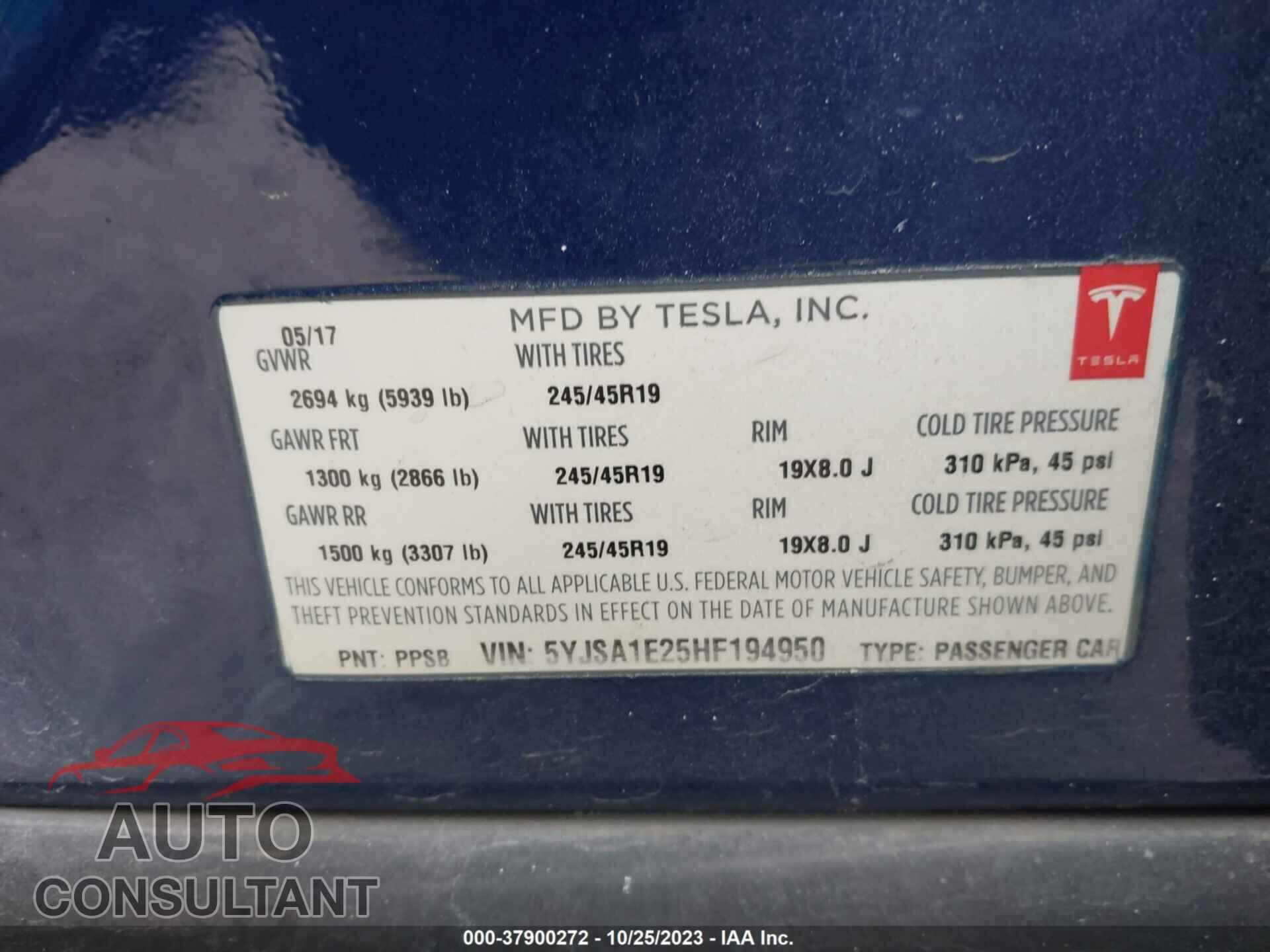 TESLA MODEL S 2017 - 5YJSA1E25HF194950