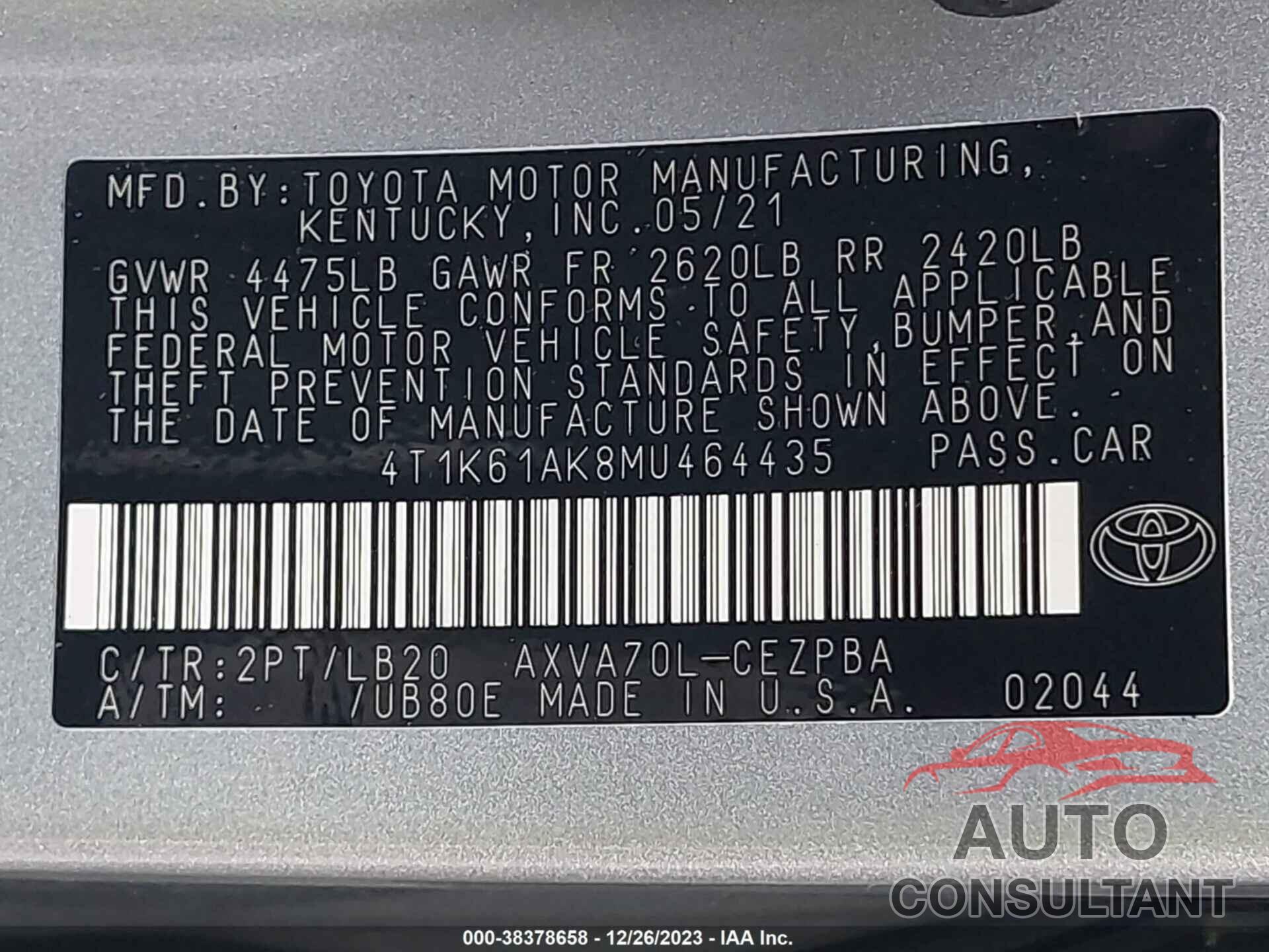 TOYOTA CAMRY 2021 - 4T1K61AK8MU464435