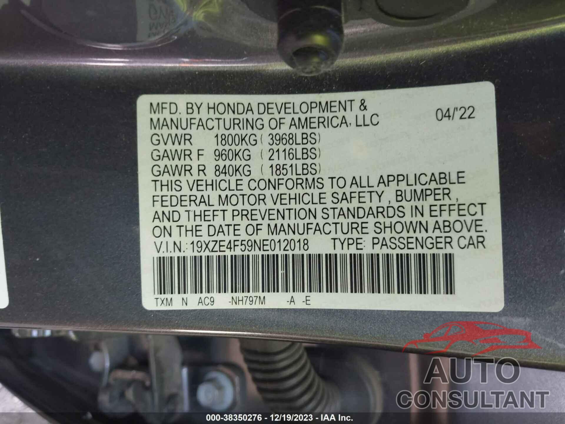 HONDA INSIGHT 2022 - 19XZE4F59NE012018