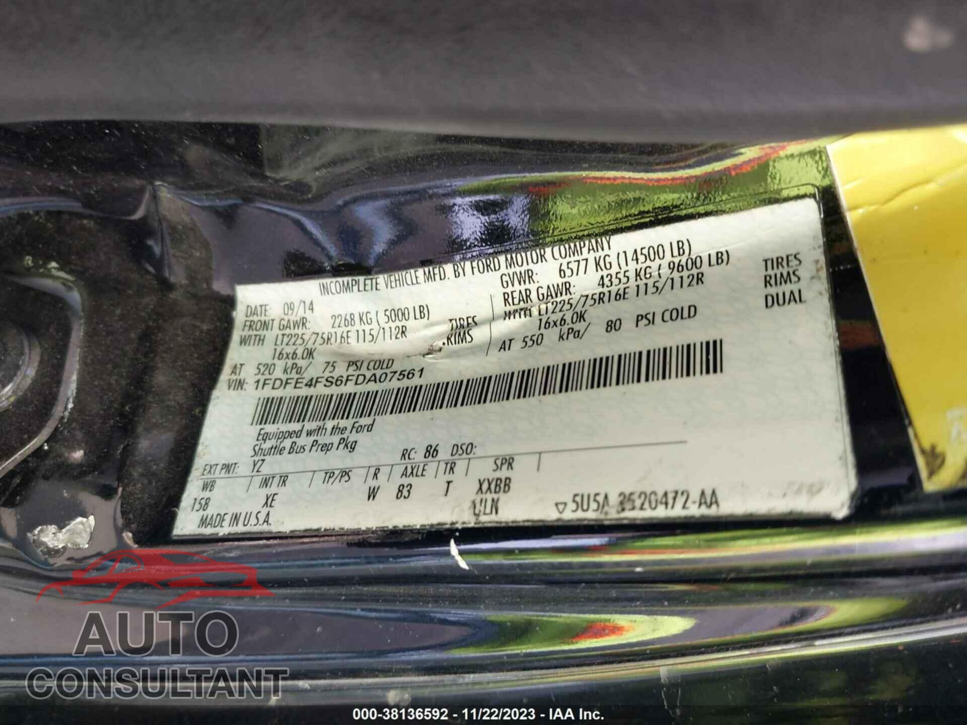 FORD E-450 CUTAWAY 2015 - 1FDFE4FS6FDA07561