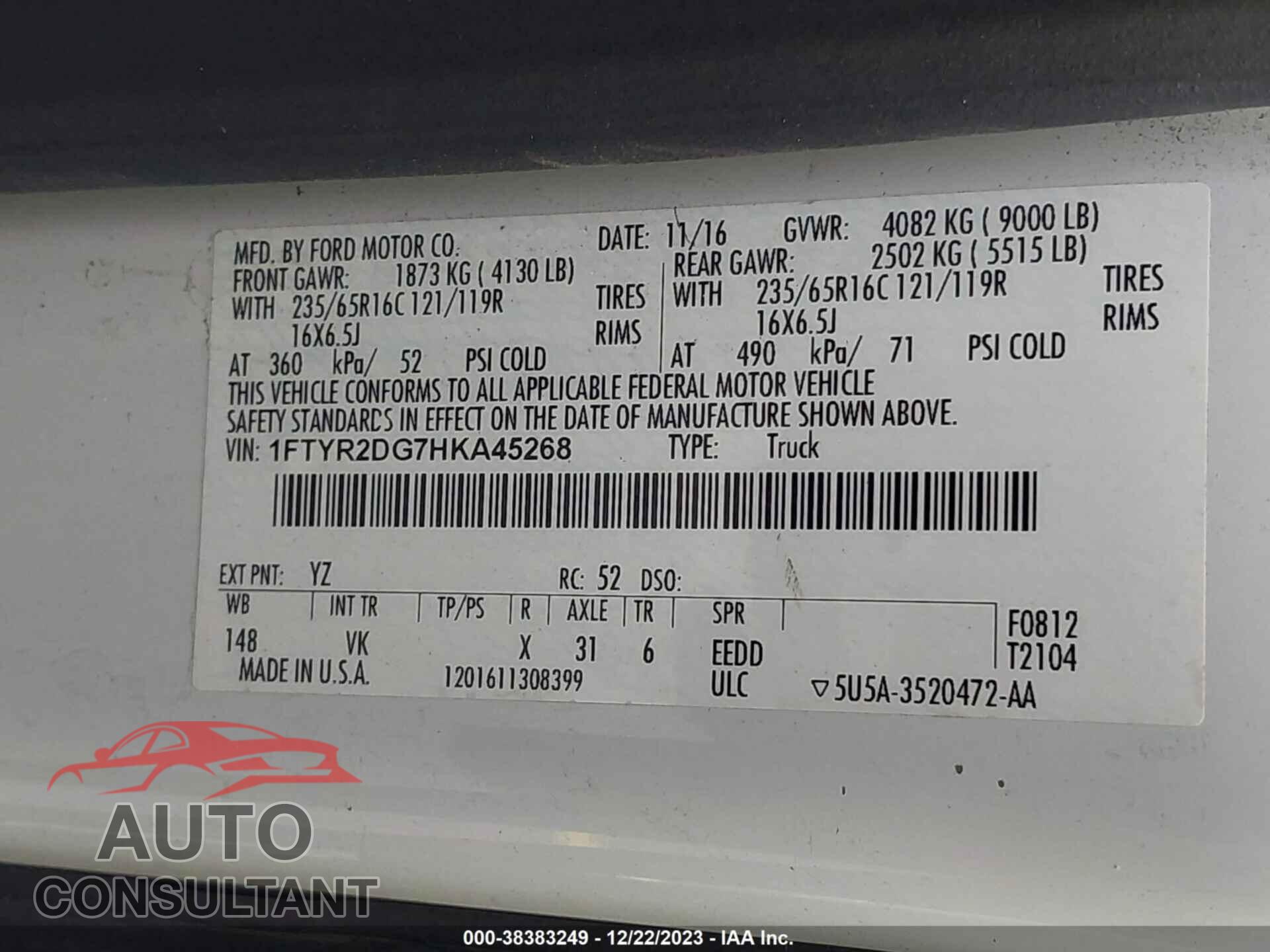 FORD TRANSIT 2017 - 1FTYR2DG7HKA45268