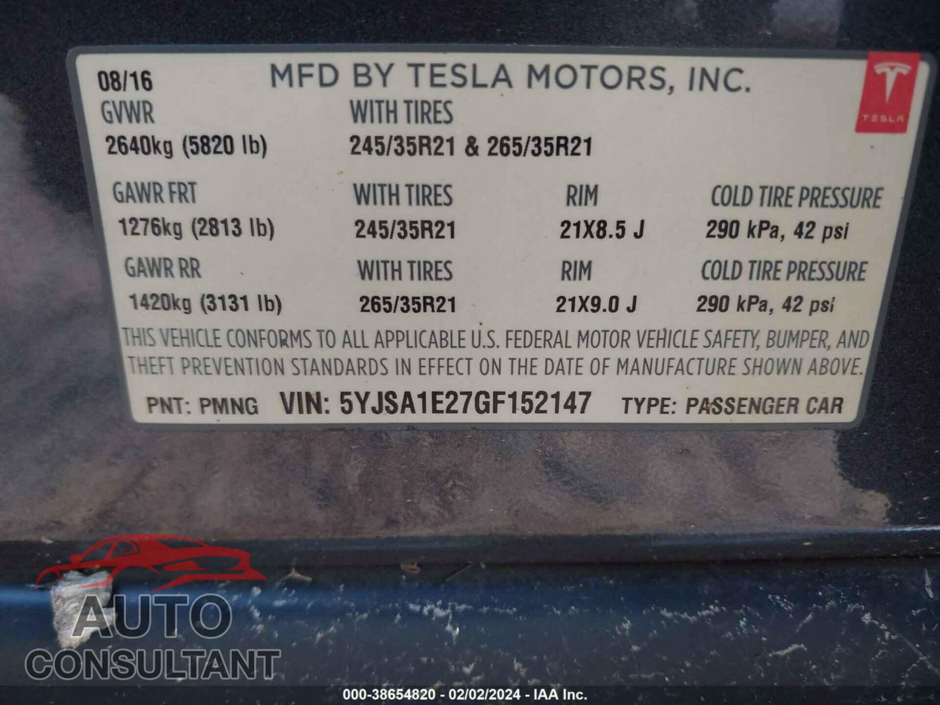 TESLA MODEL S 2016 - 5YJSA1E27GF152147
