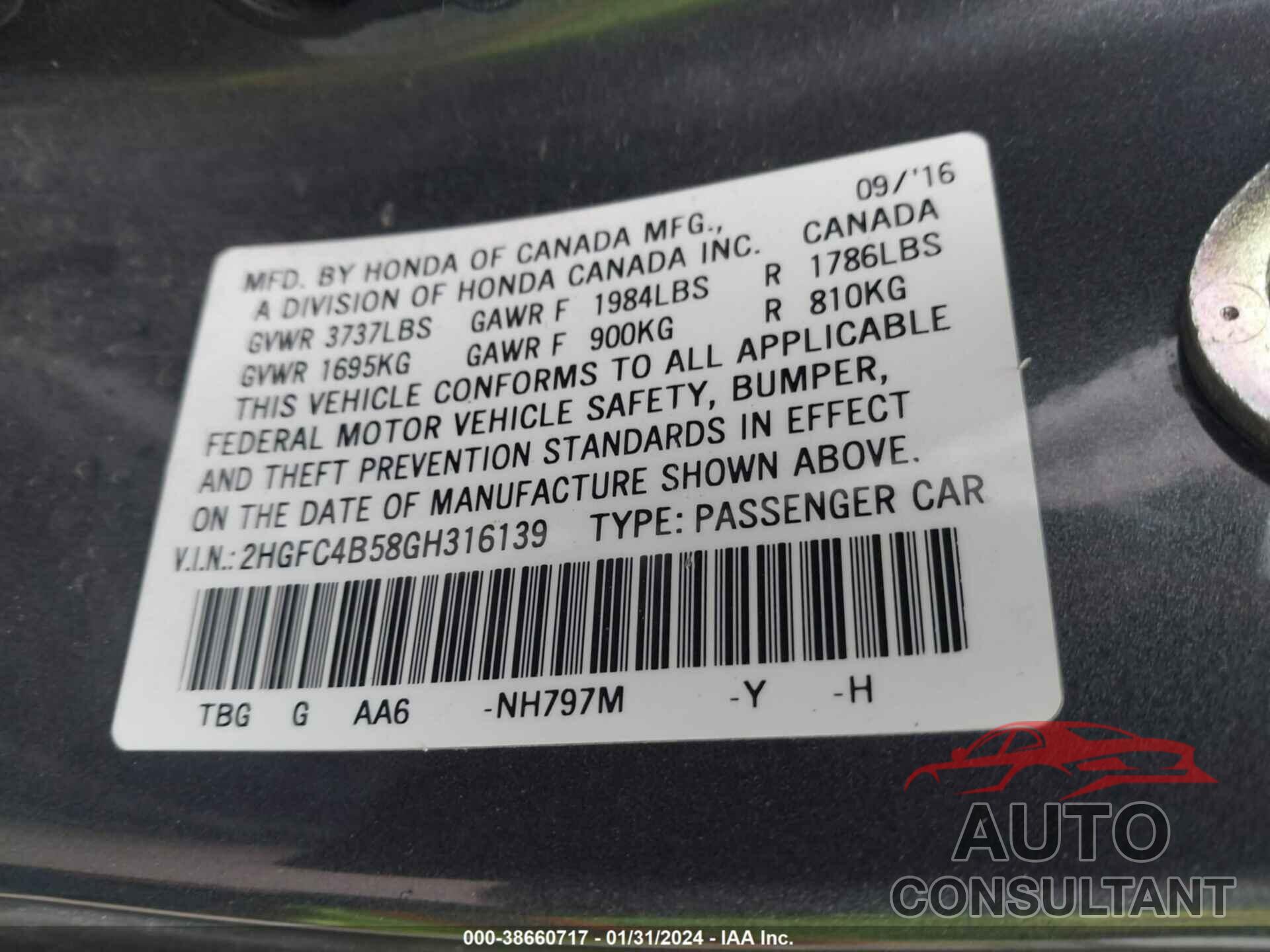 HONDA CIVIC 2016 - 2HGFC4B58GH316139