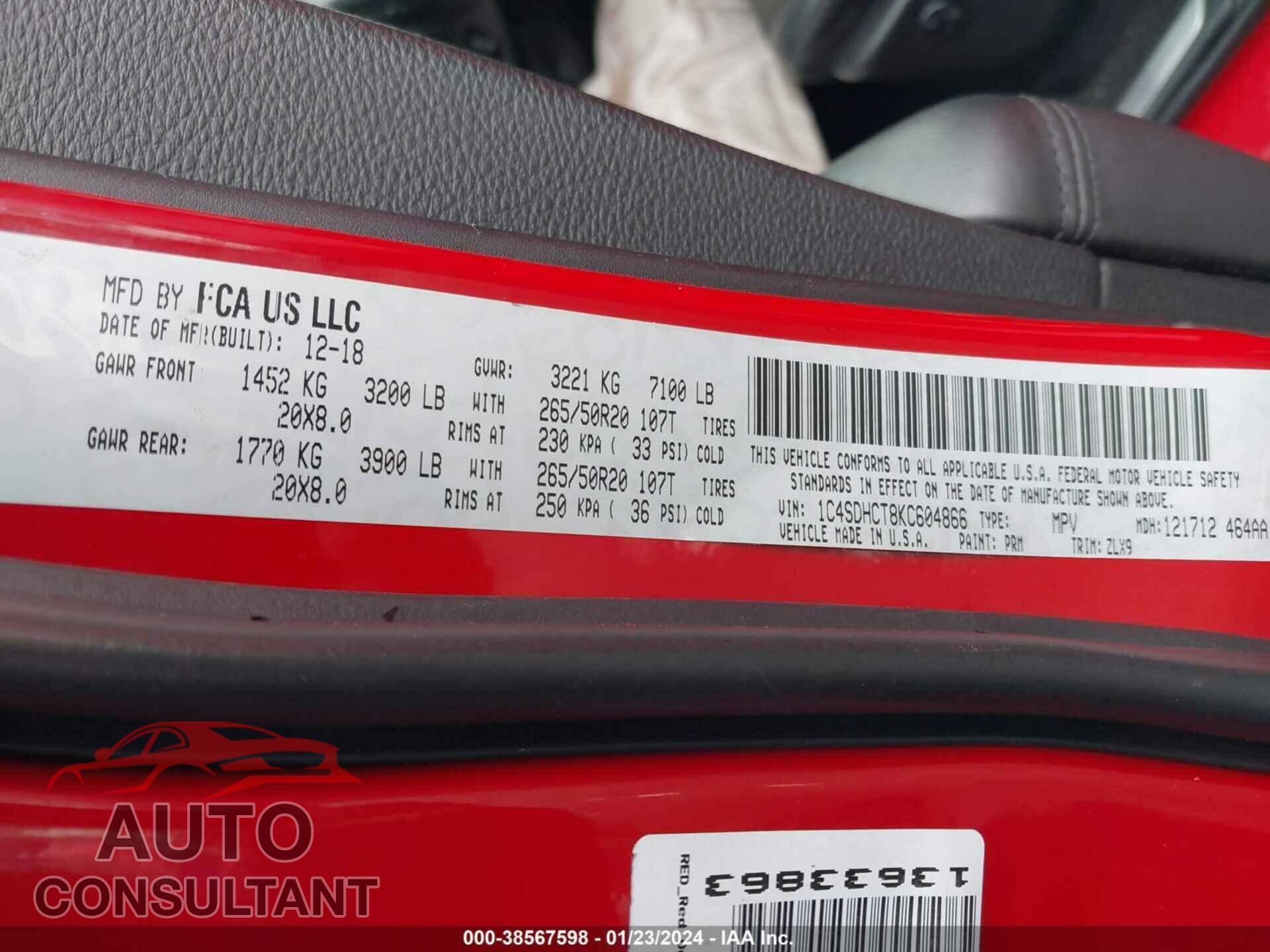 DODGE DURANGO 2019 - 1C4SDHCT8KC604866