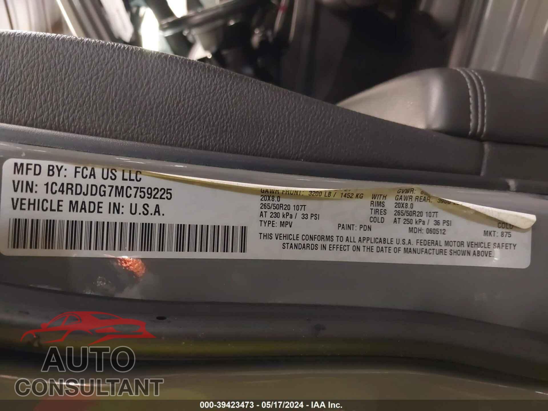 DODGE DURANGO 2021 - 1C4RDJDG7MC759225