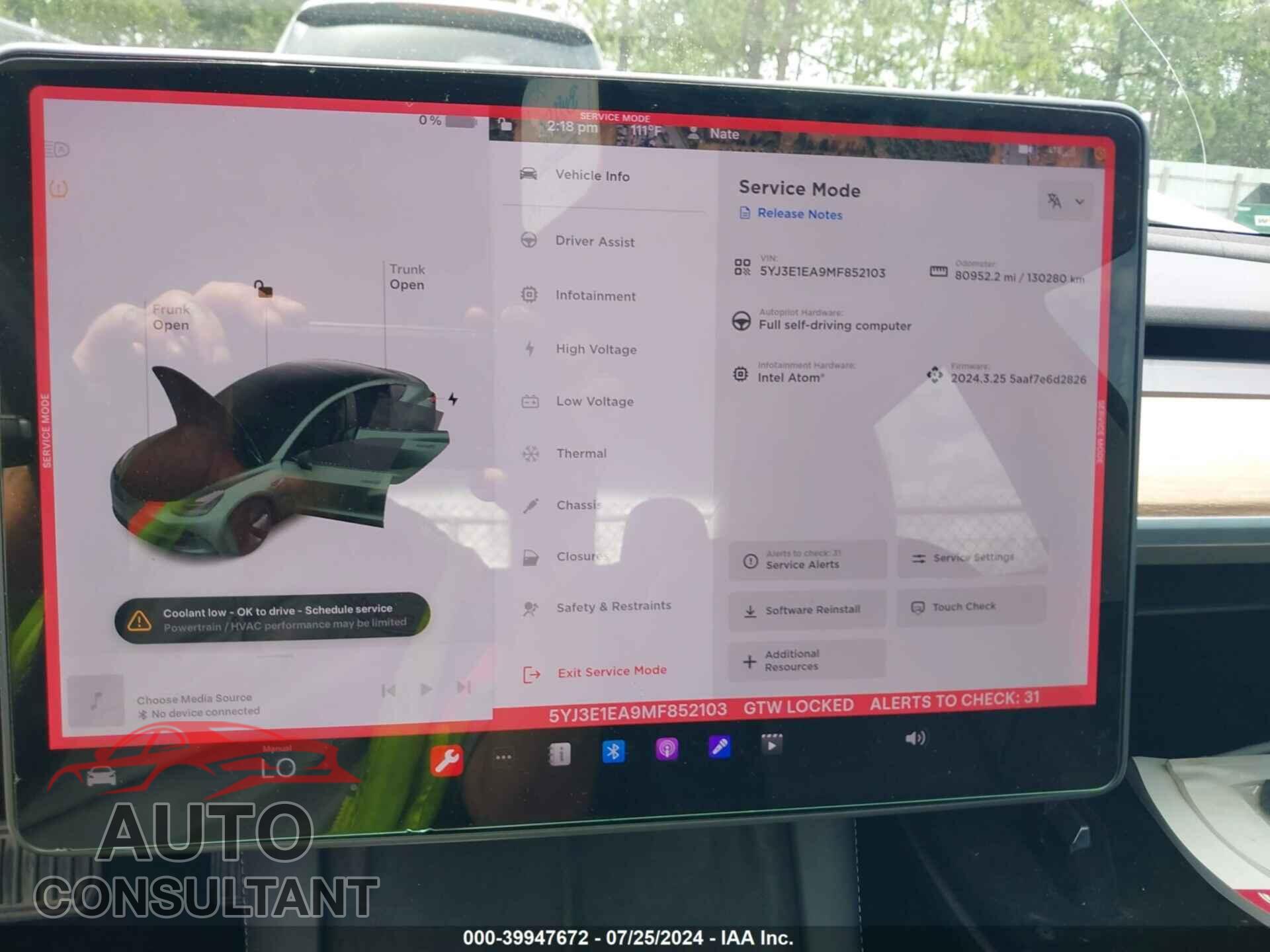 TESLA MODEL 3 2021 - 5YJ3E1EA9MF852103