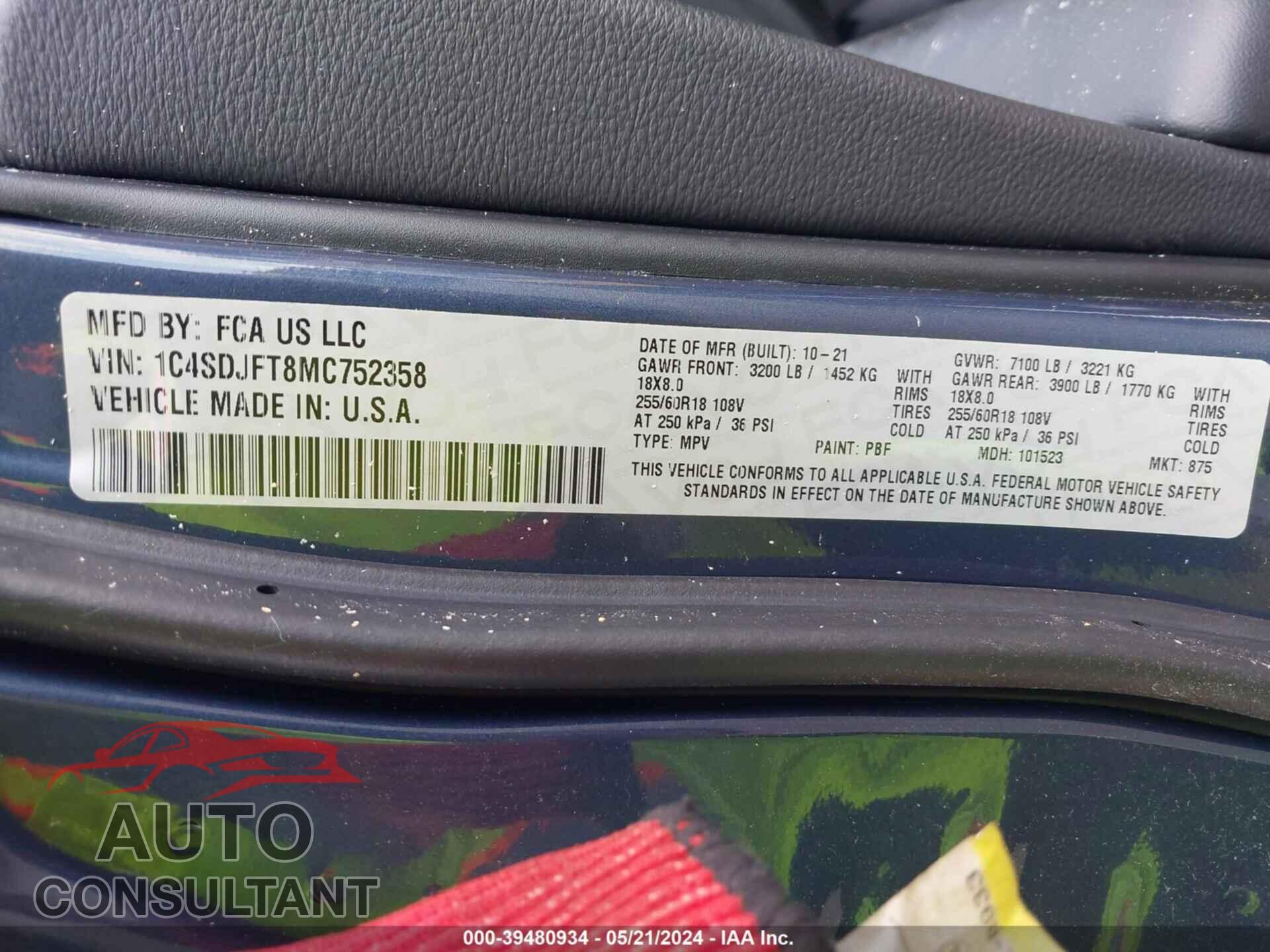 DODGE DURANGO 2021 - 1C4SDJFT8MC752358