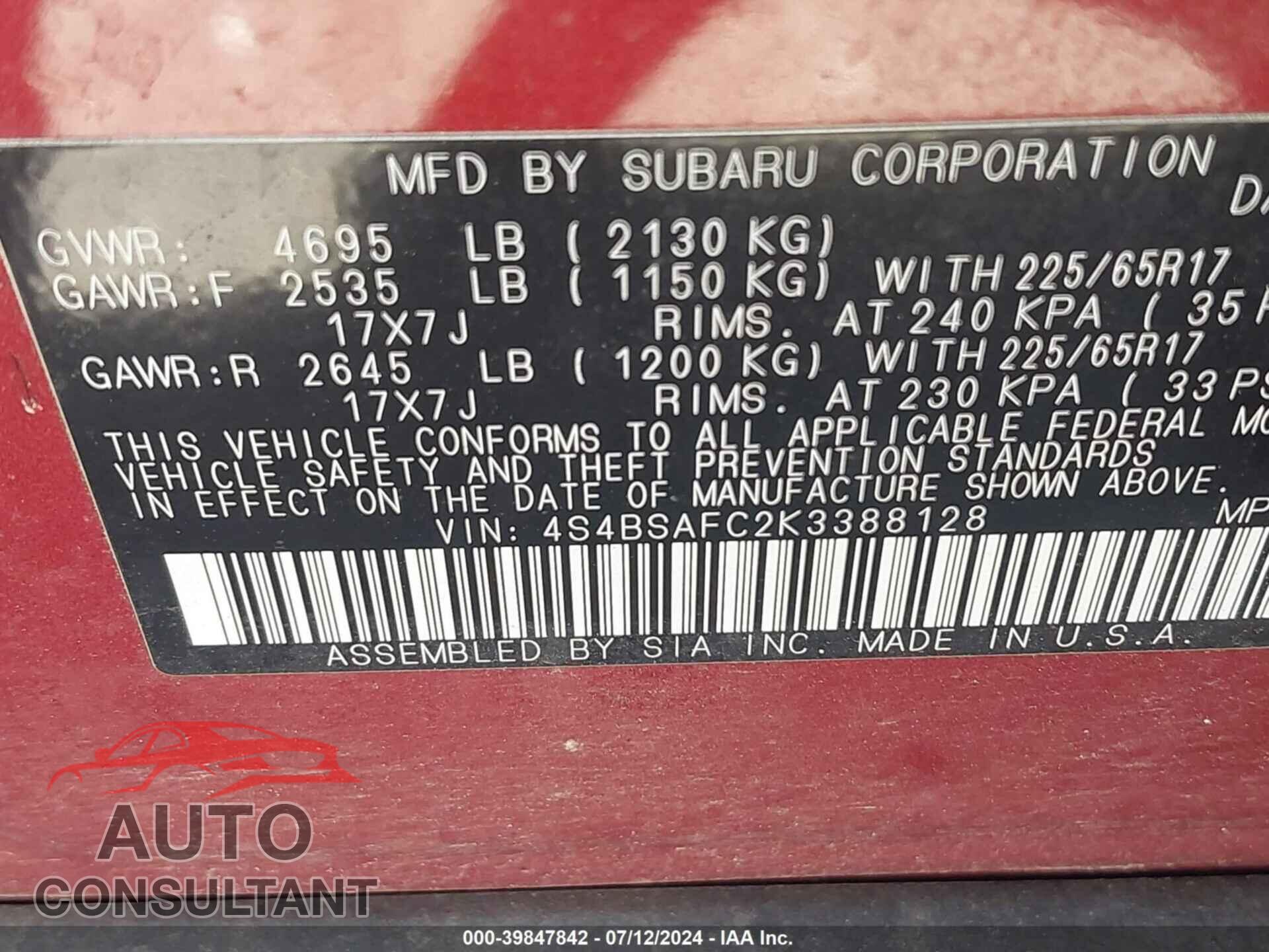 SUBARU OUTBACK 2019 - 4S4BSAFC2K3388128