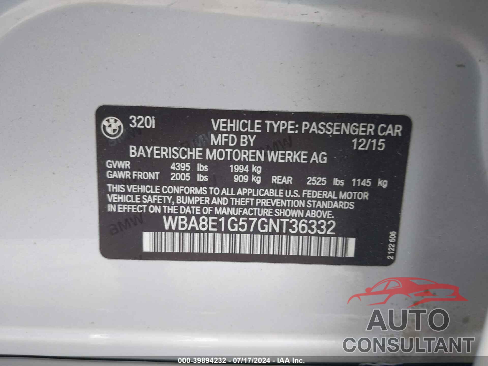 BMW 320I 2016 - WBA8E1G57GNT36332