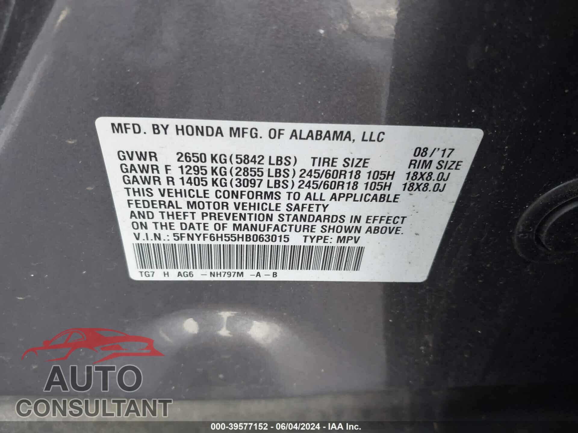 HONDA PILOT 2017 - 5FNYF6H55HB063015