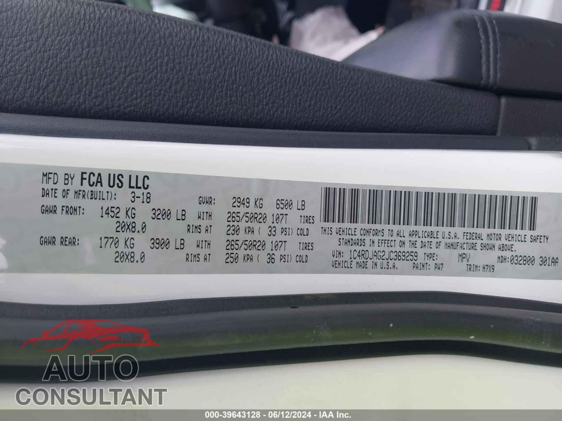 DODGE DURANGO 2018 - 1C4RDJAG2JC369259