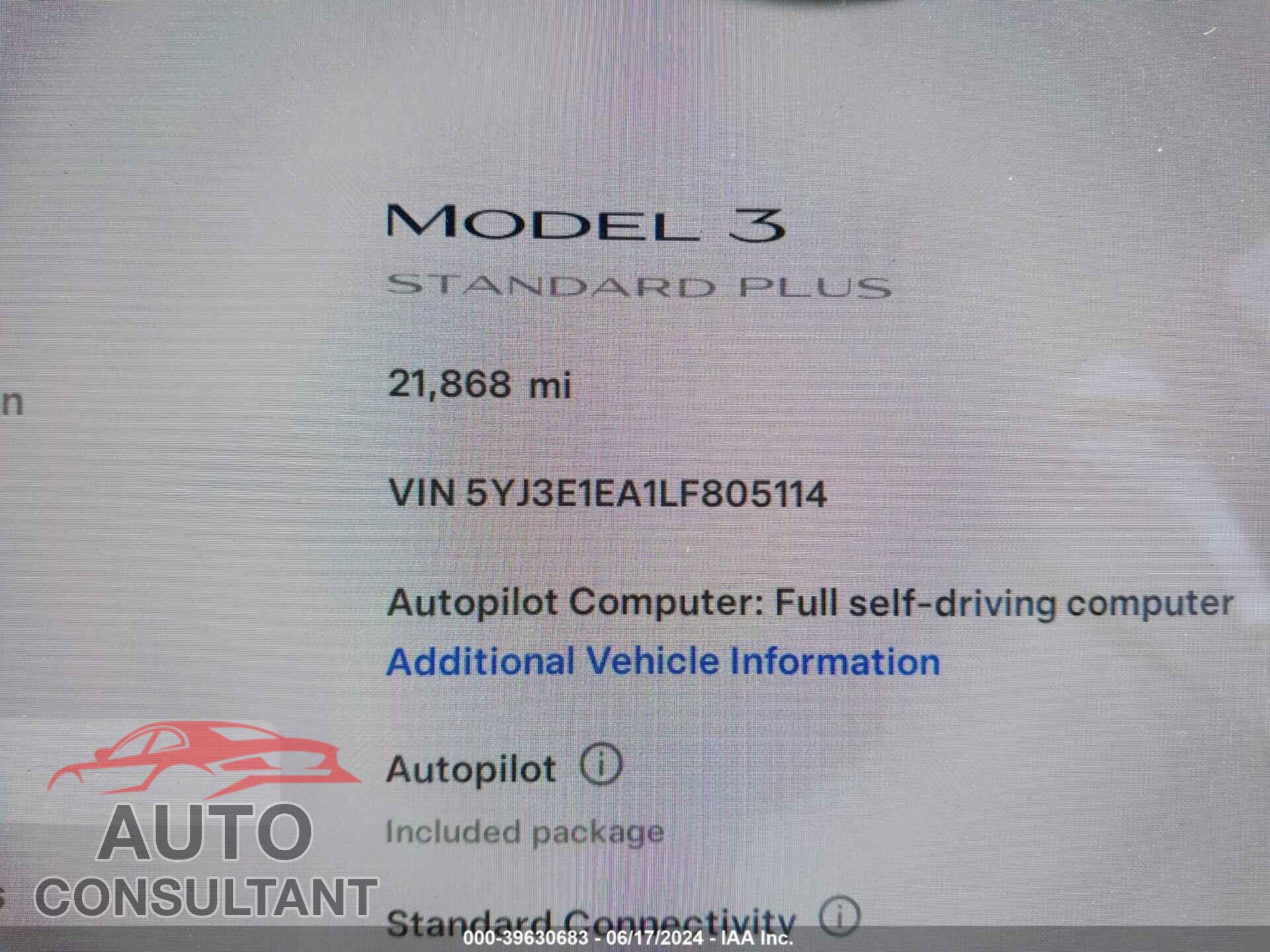 TESLA MODEL 3 2020 - 5YJ3E1EA1LF805114