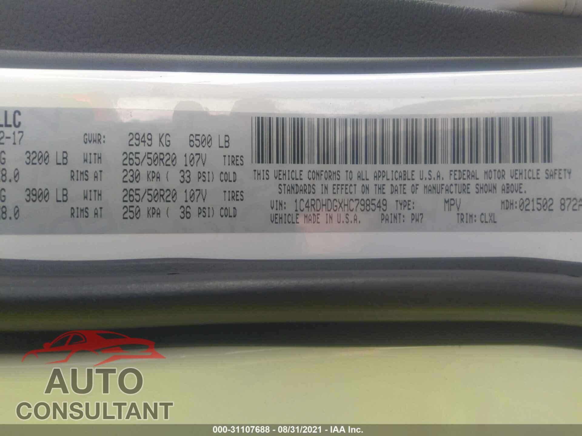 DODGE DURANGO 2017 - 1C4RDHDGXHC798549