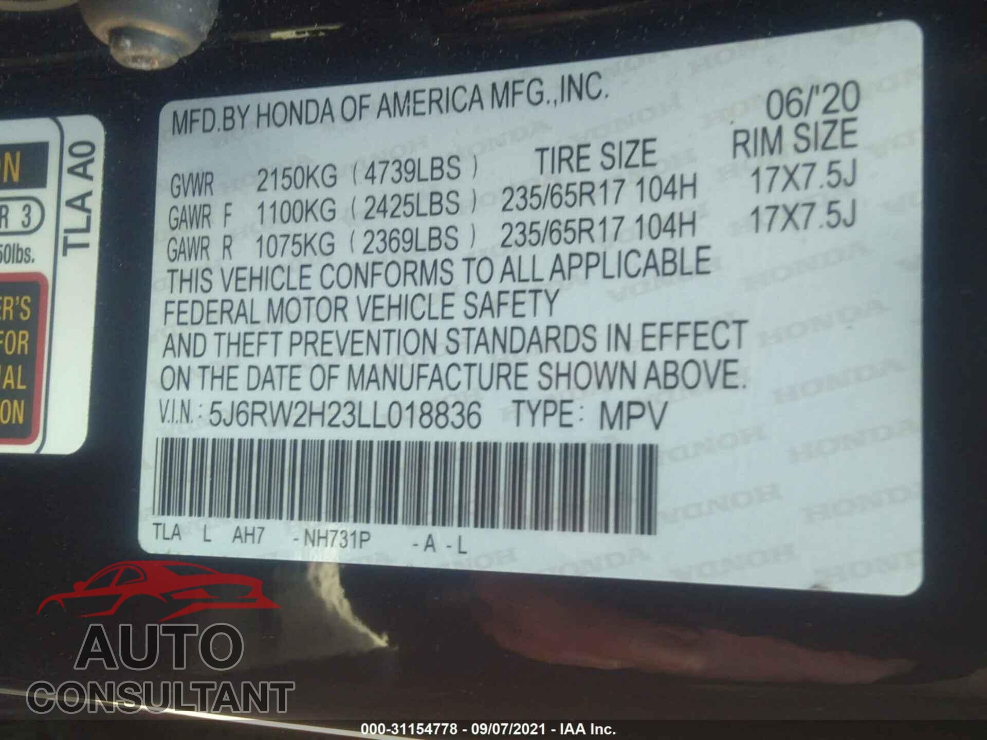 HONDA CR-V 2020 - 5J6RW2H23LL018836