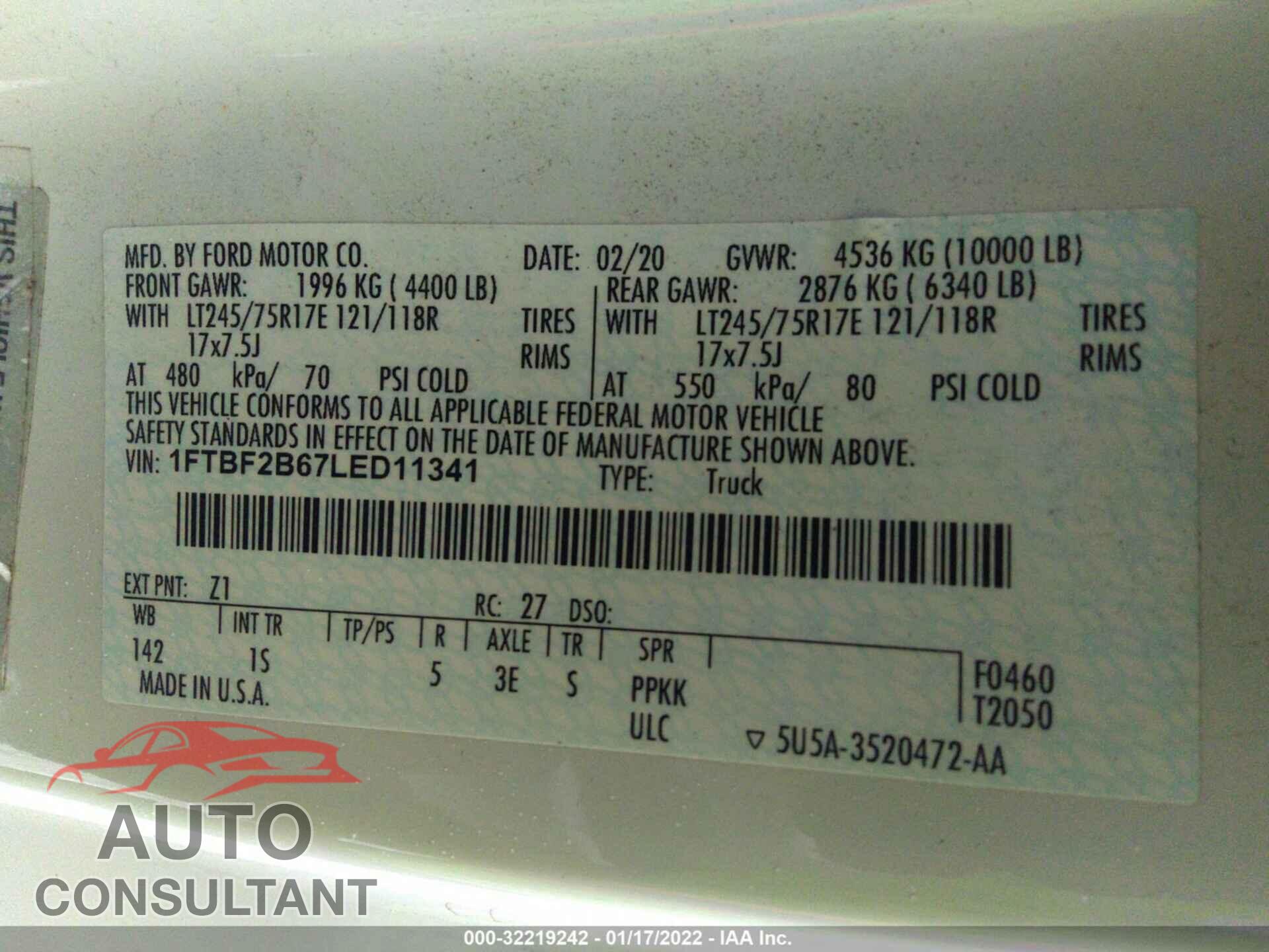 FORD SUPER DUTY F-250 SRW 2020 - 1FTBF2B67LED11341
