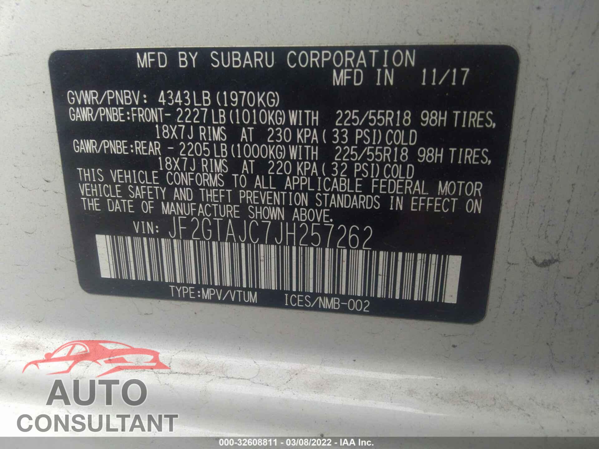 SUBARU CROSSTREK 2018 - JF2GTAJC7JH257262