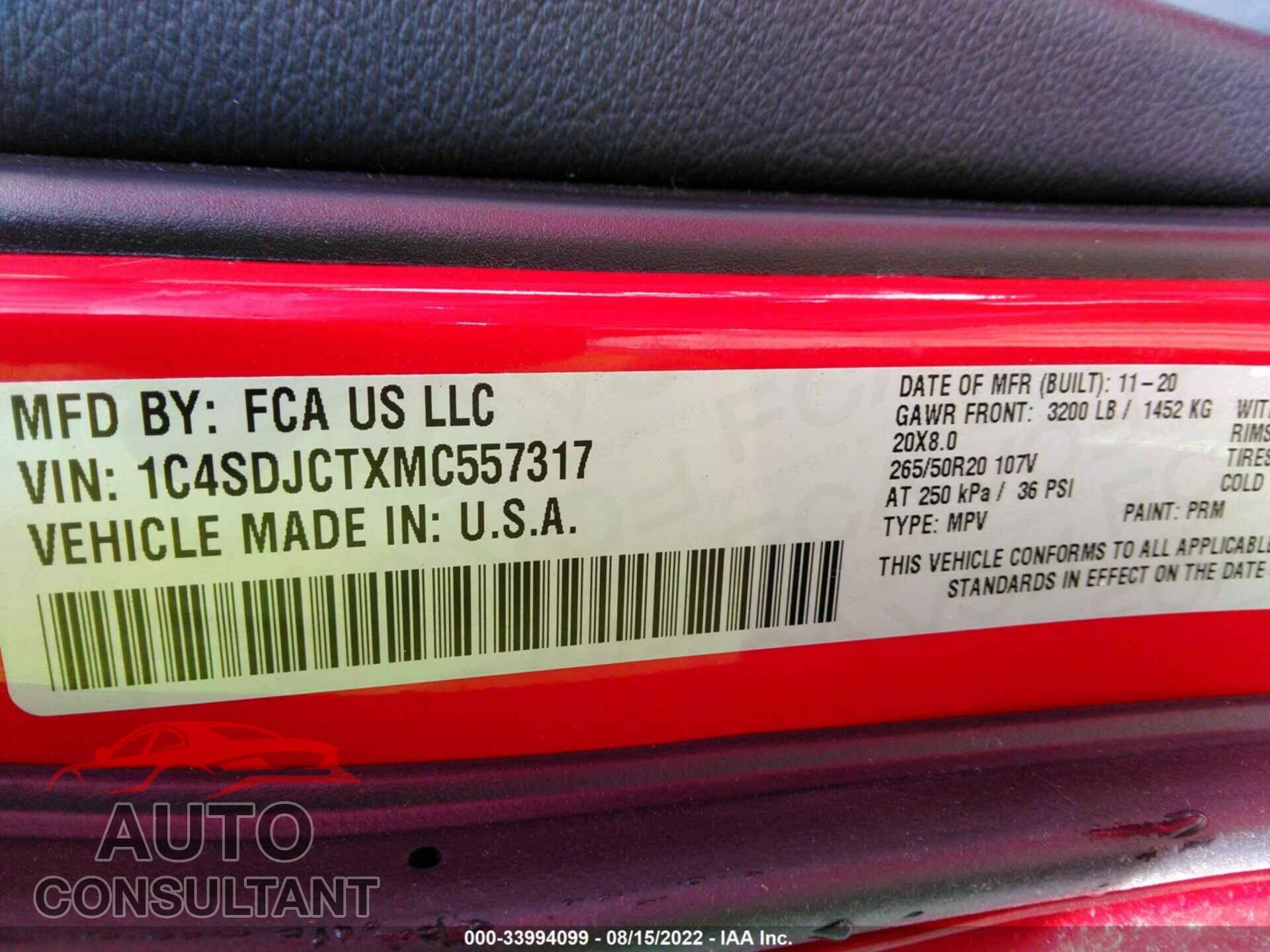 DODGE DURANGO 2021 - 1C4SDJCTXMC557317
