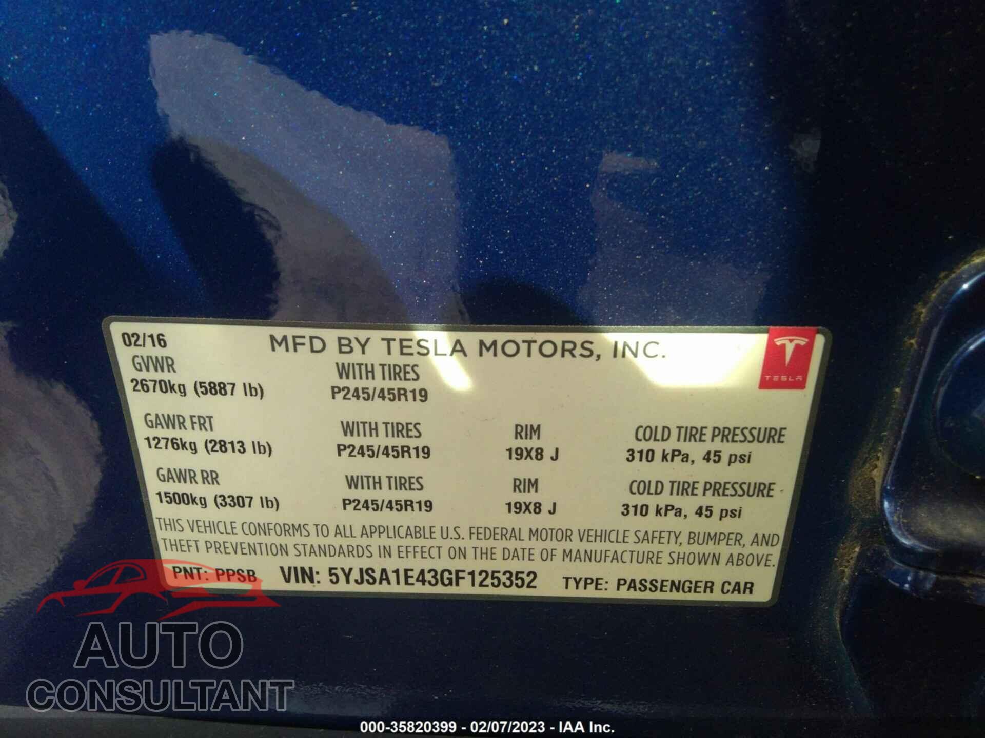 TESLA MODEL S 2016 - 5YJSA1E43GF125352