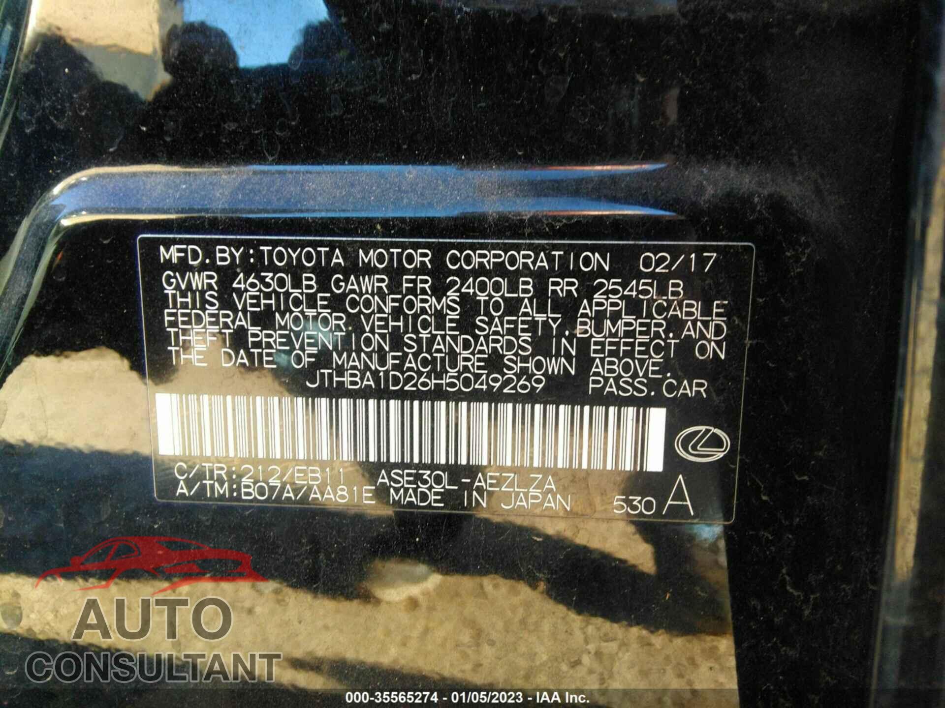 LEXUS IS 2017 - JTHBA1D26H5049269