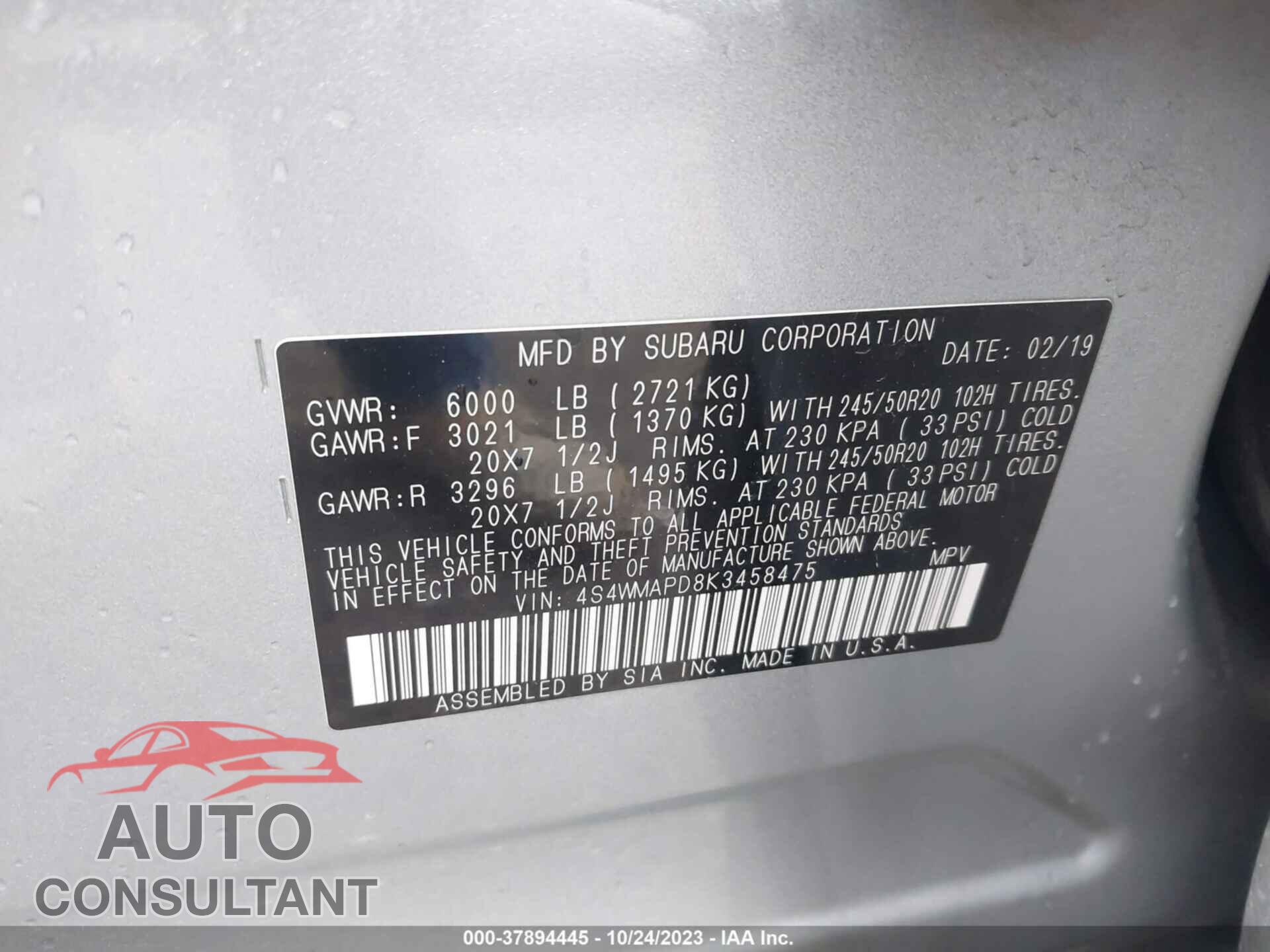 SUBARU ASCENT 2019 - 4S4WMAPD8K3458475