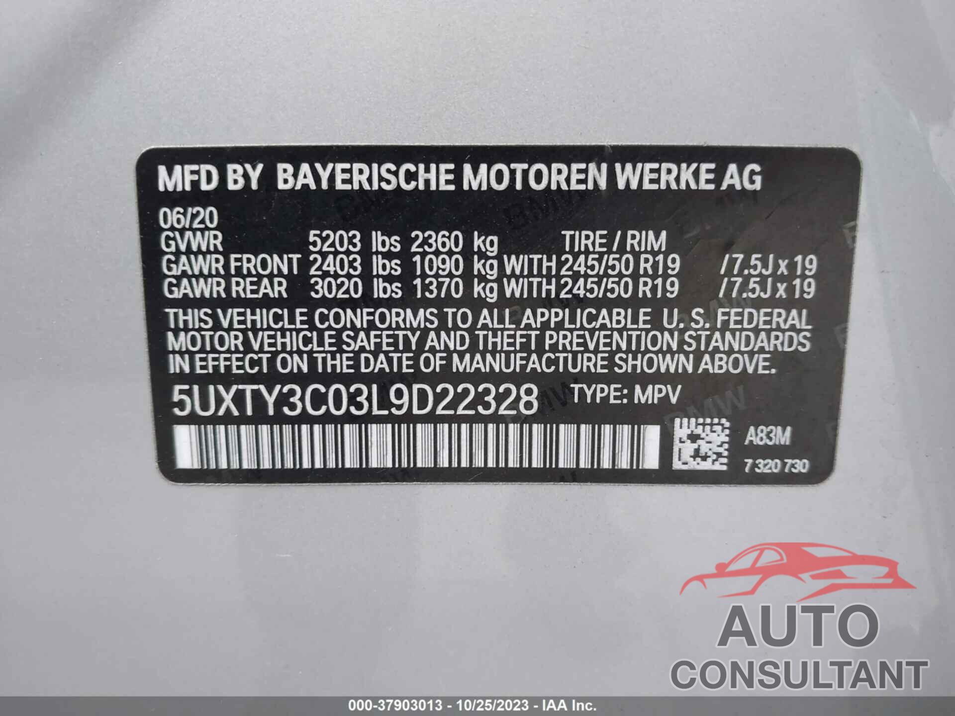 BMW X3 2020 - 5UXTY3C03L9D22328