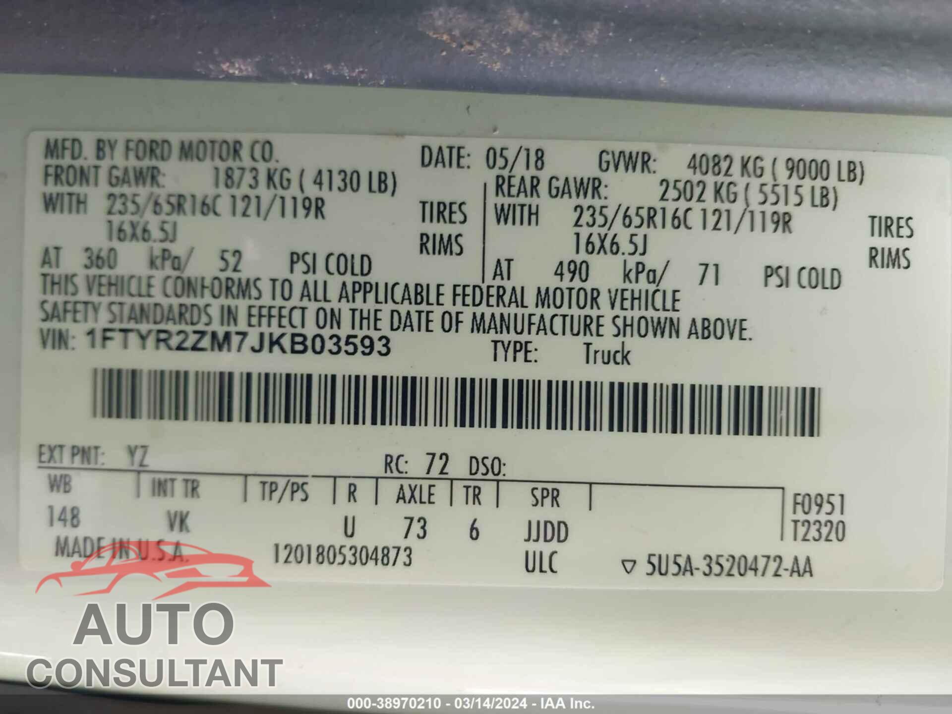 FORD TRANSIT 2018 - 1FTYR2ZM7JKB03593