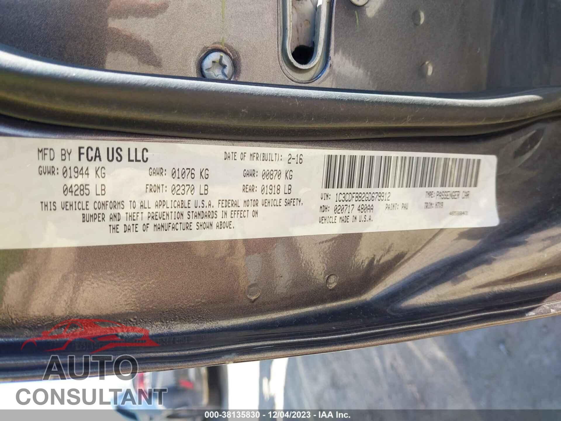 DODGE DART 2016 - 1C3CDFBB2GD679912