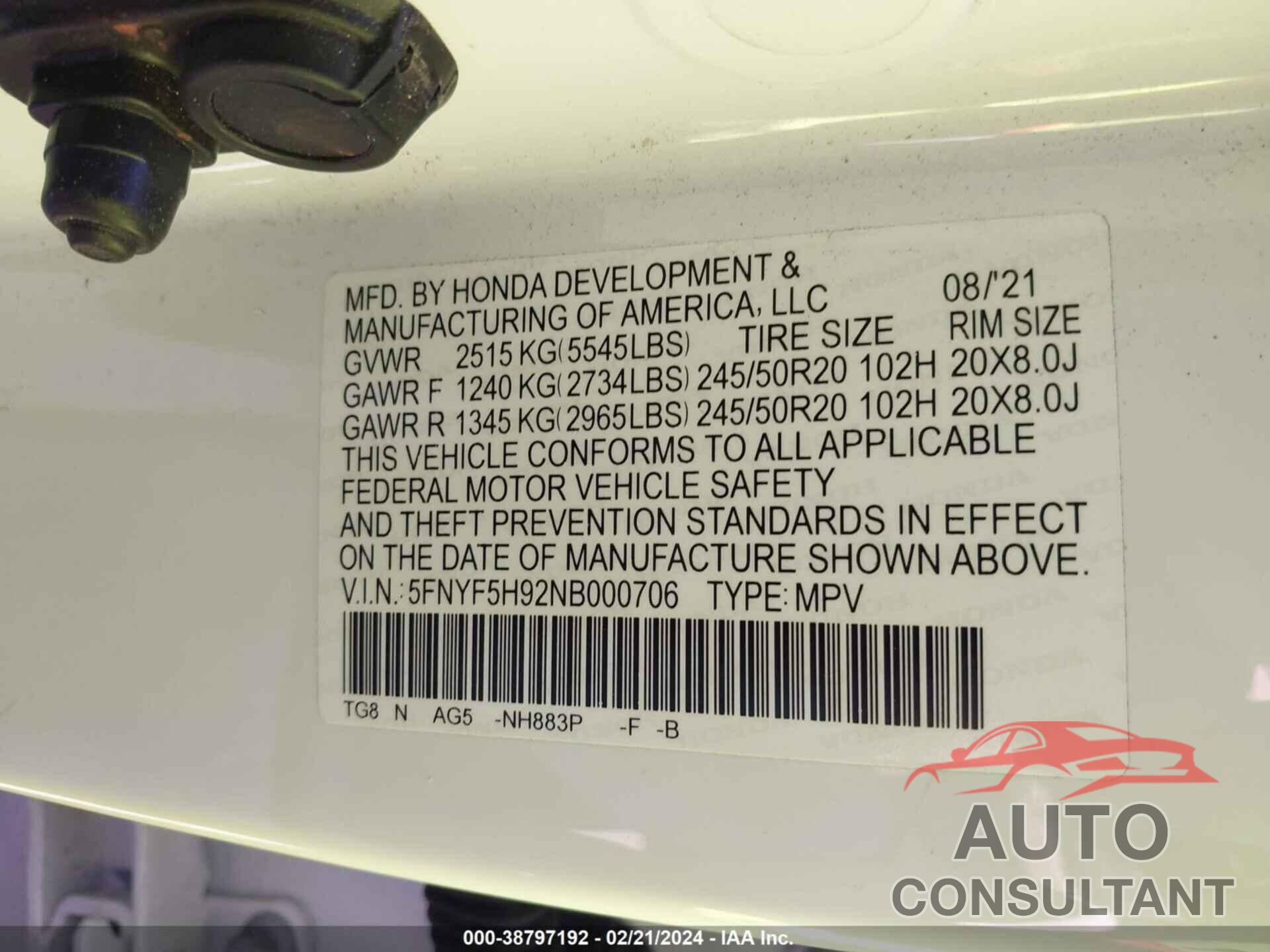 HONDA PILOT 2022 - 5FNYF5H92NB000706