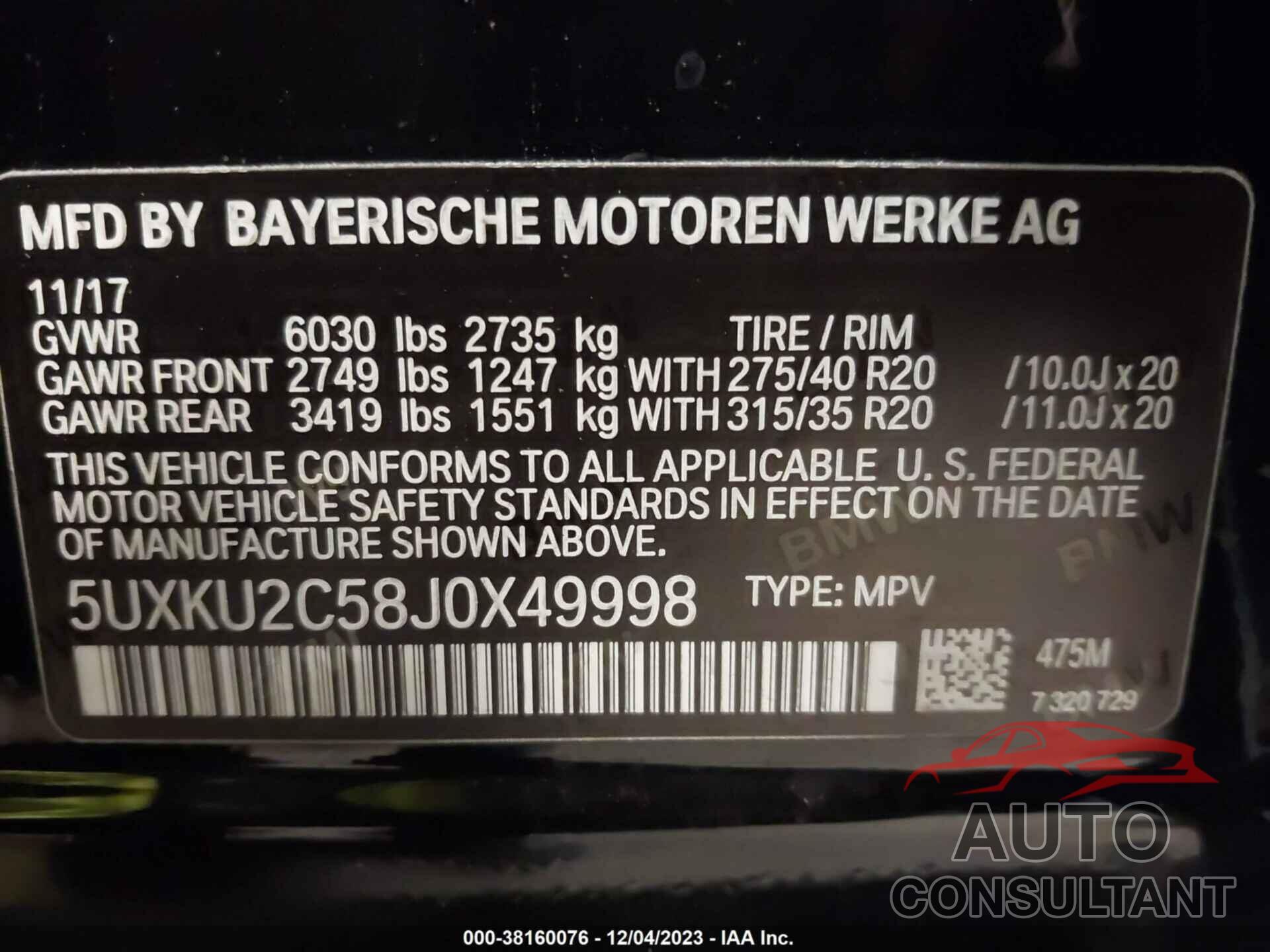 BMW X6 2018 - 5UXKU2C58J0X49998