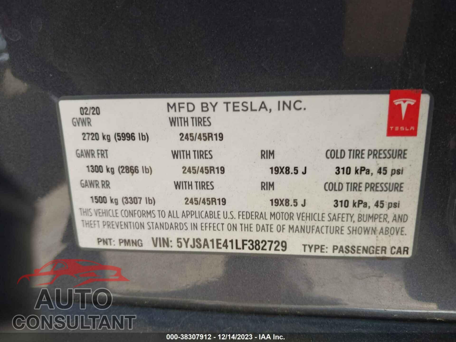 TESLA MODEL S 2020 - 5YJSA1E41LF382729