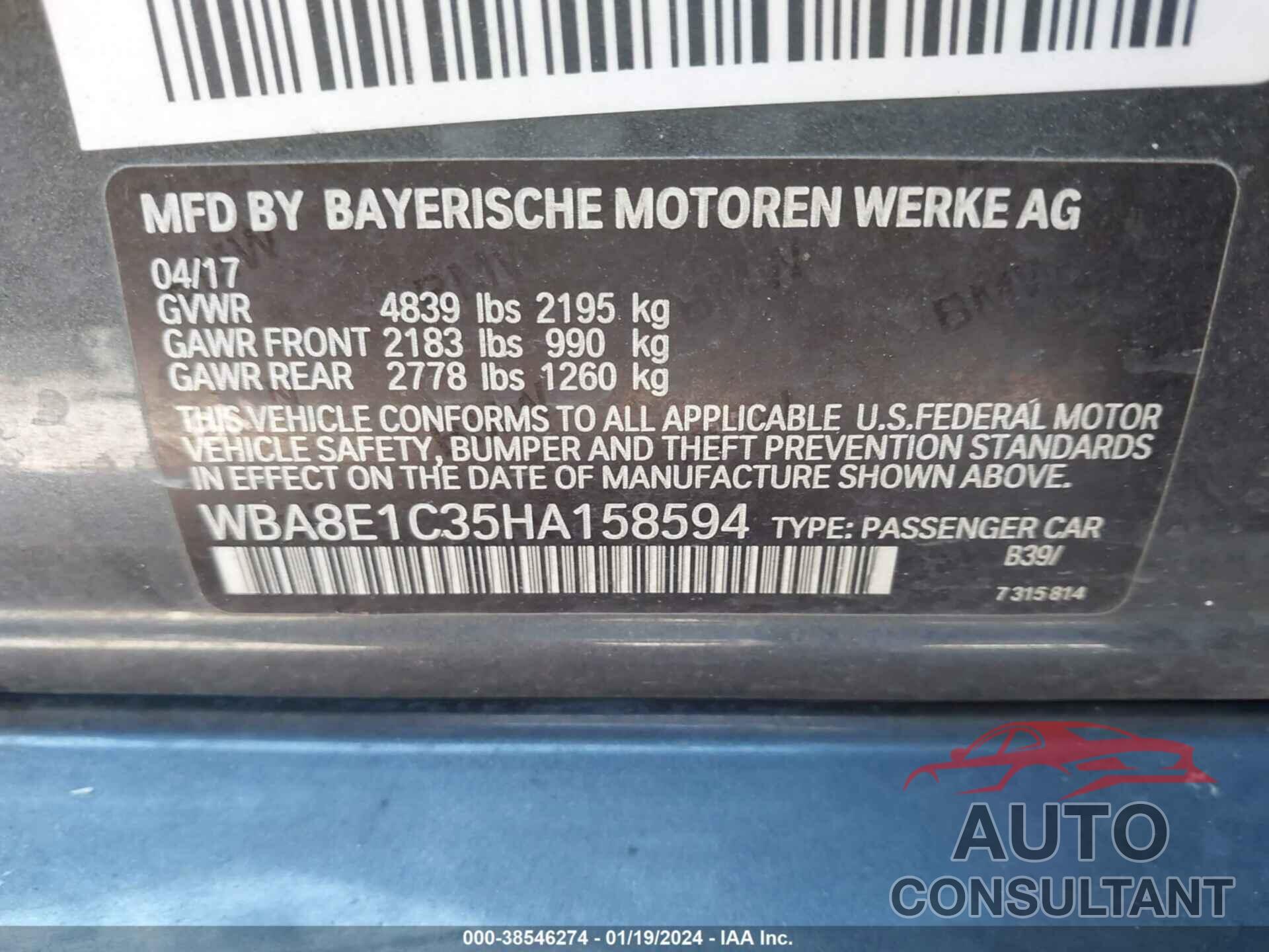 BMW 330E 2017 - WBA8E1C35HA158594