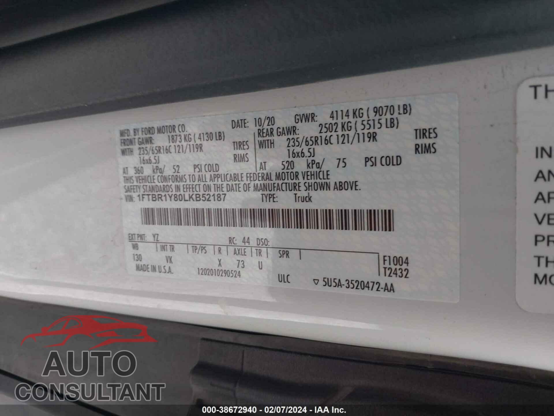 FORD TRANSIT 2020 - 1FTBR1Y80LKB52187