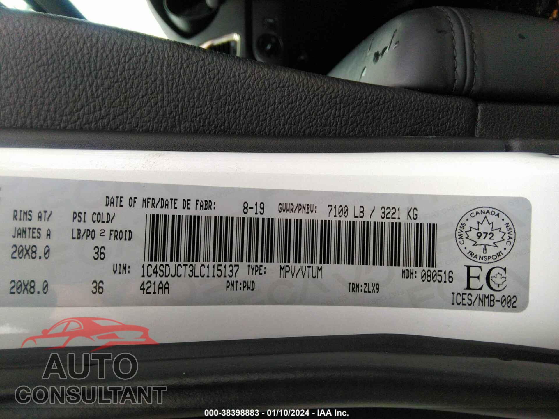 DODGE DURANGO 2020 - 1C4SDJCT3LC115137