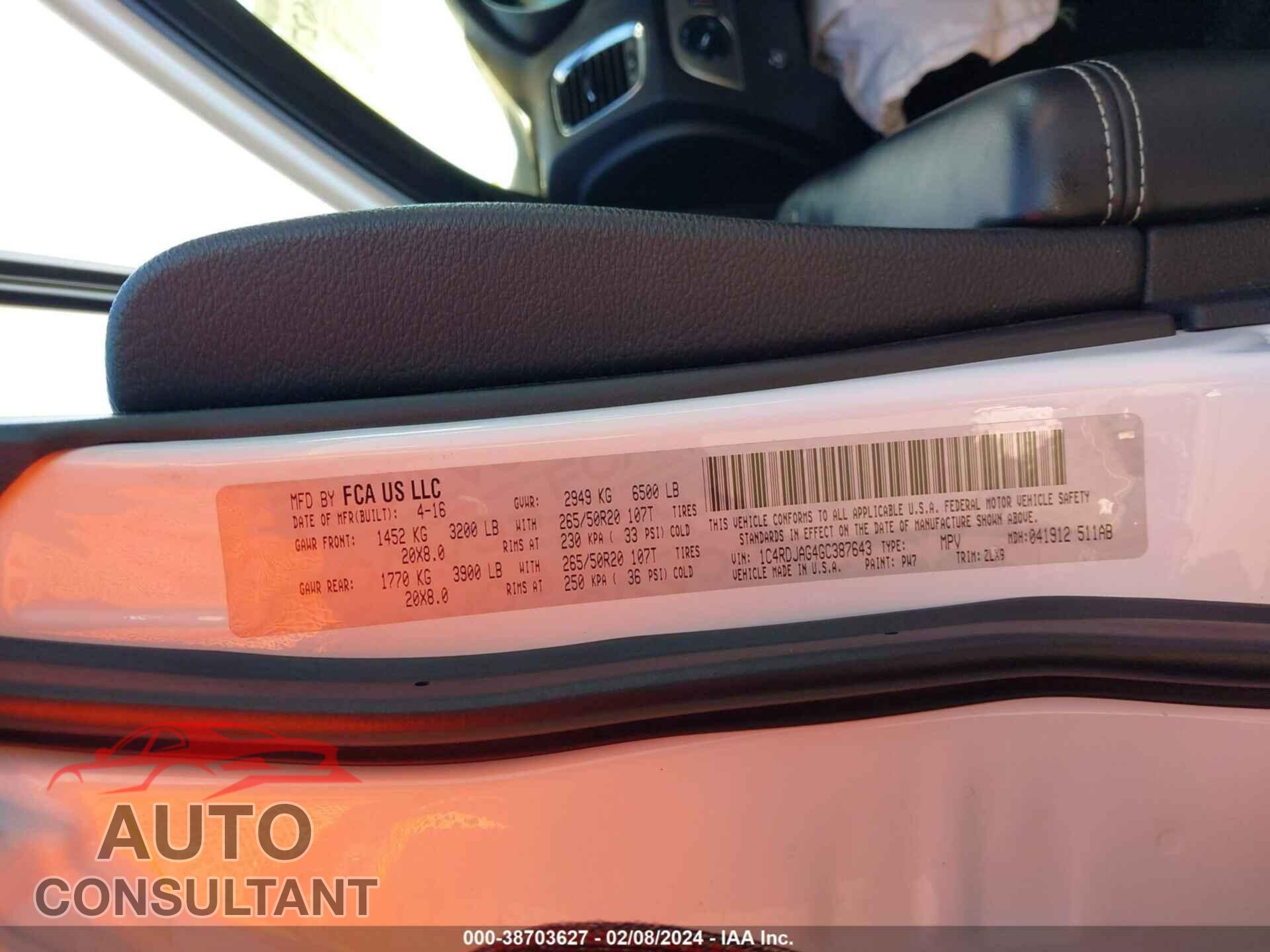 DODGE DURANGO 2016 - 1C4RDJAG4GC387643
