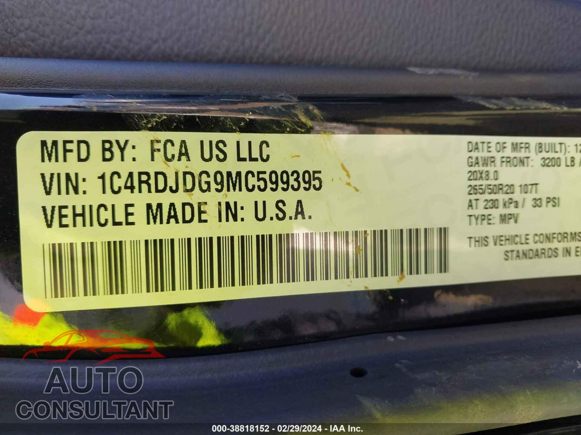 DODGE DURANGO 2021 - 1C4RDJDG9MC599395
