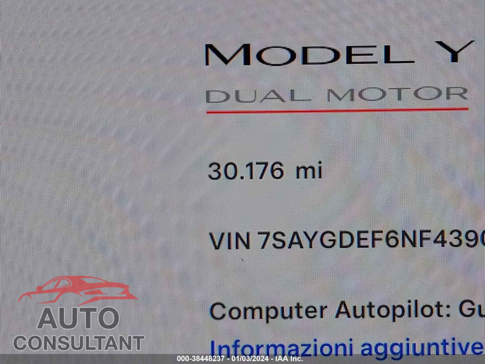 TESLA MODEL Y 2022 - 7SAYGDEF6NF439038