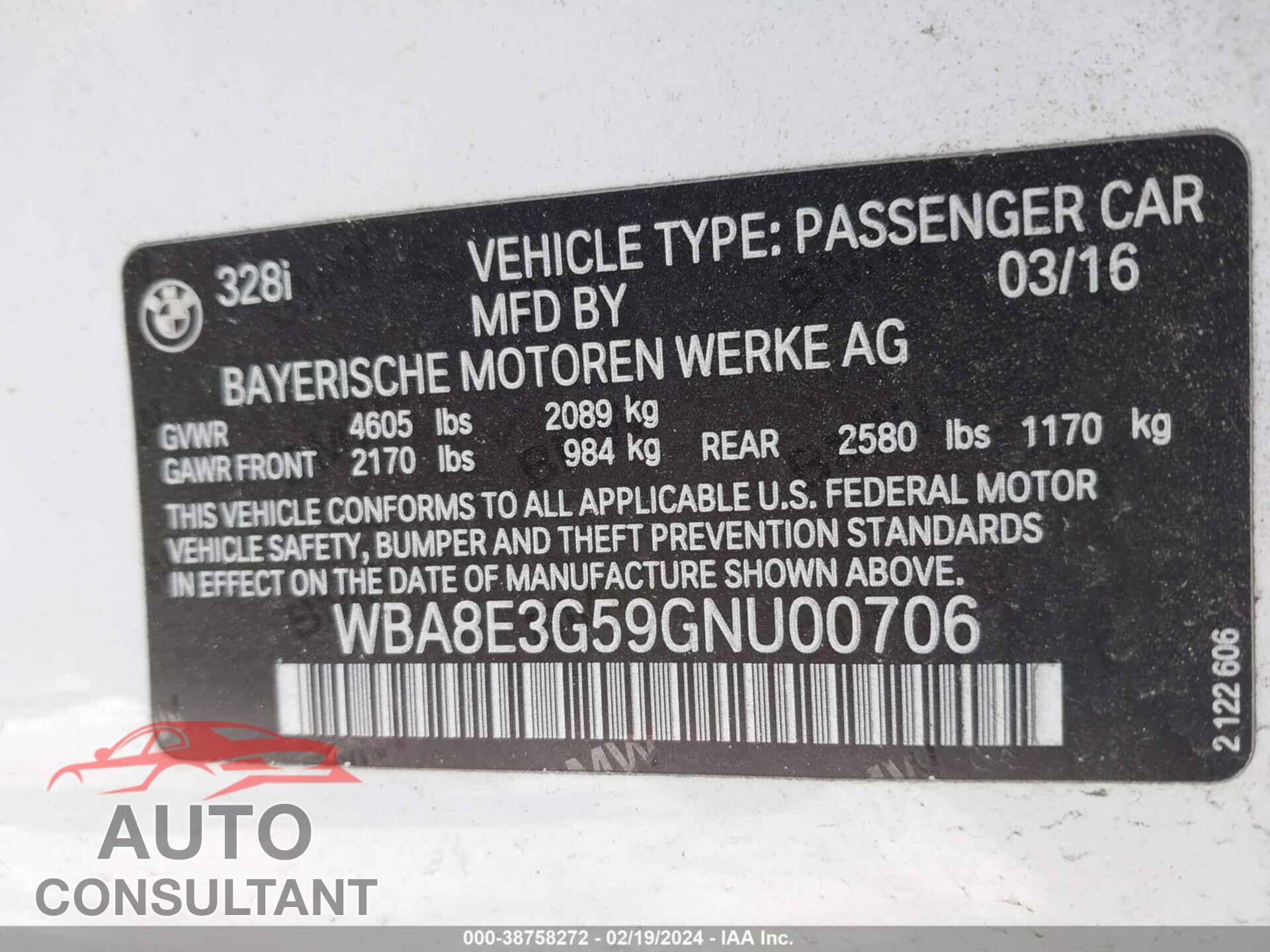 BMW 328I 2016 - WBA8E3G59GNU00706