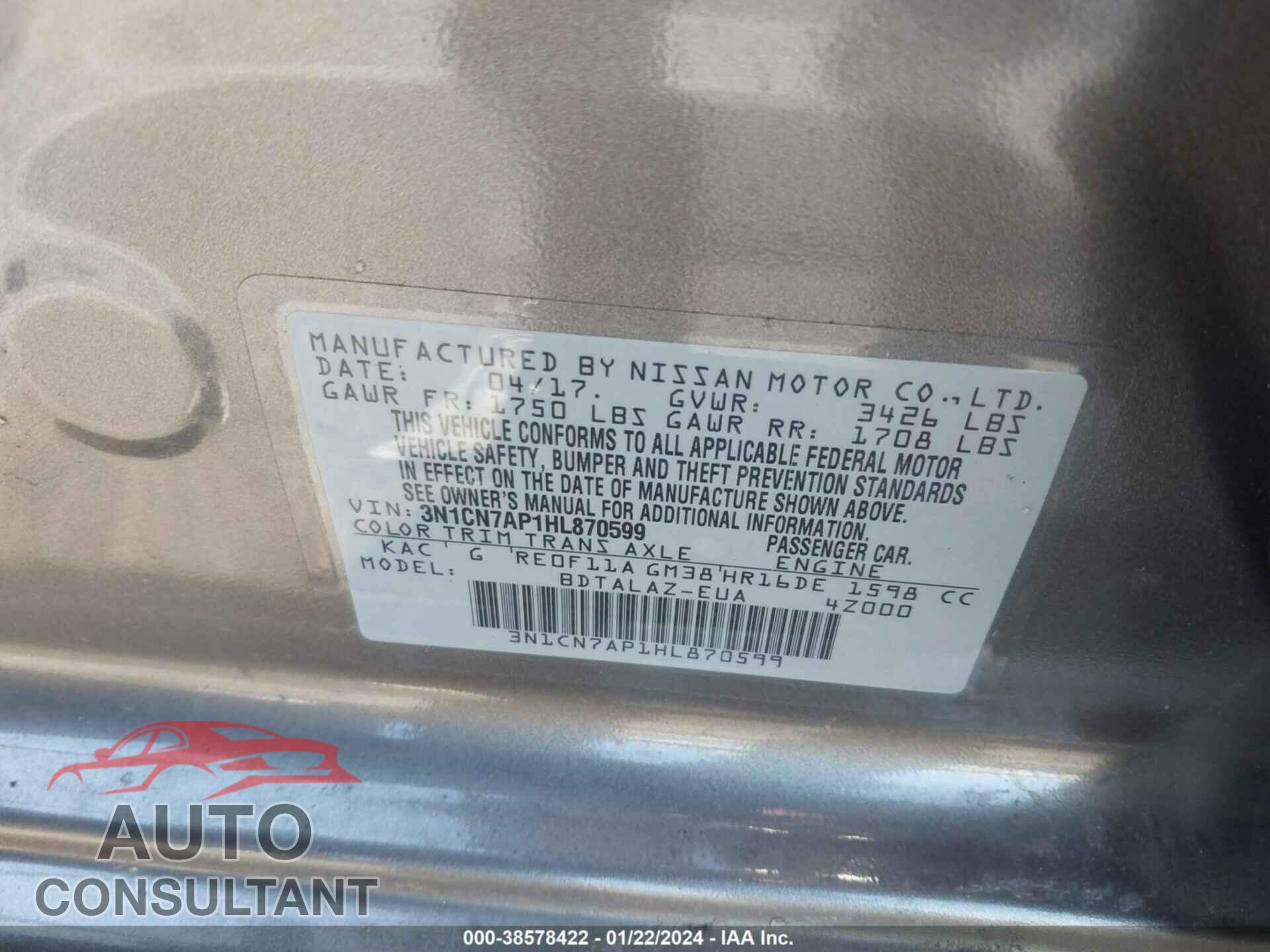 NISSAN VERSA 2017 - 3N1CN7AP1HL870599