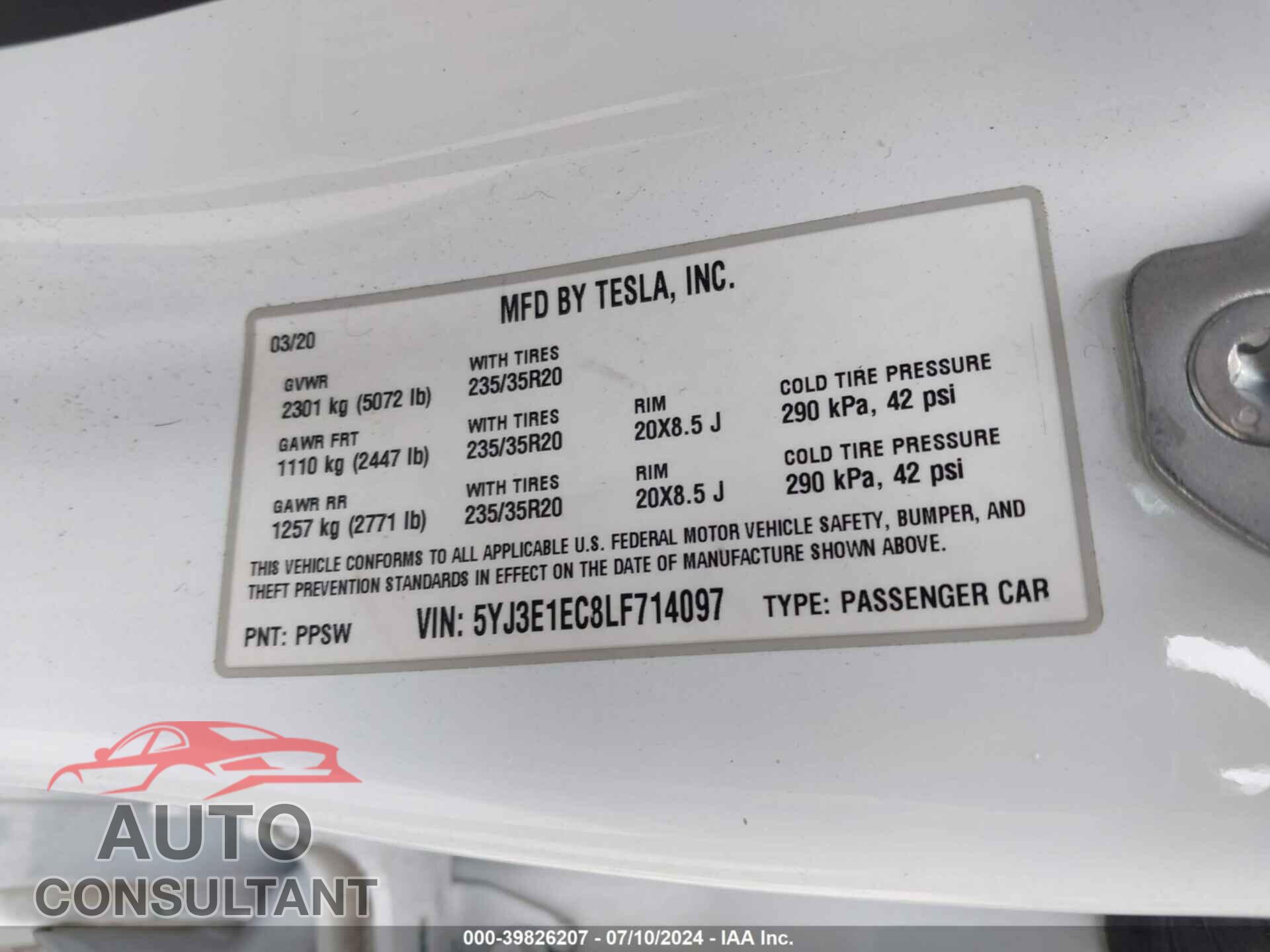 TESLA MODEL 3 2020 - 5YJ3E1EC8LF714097