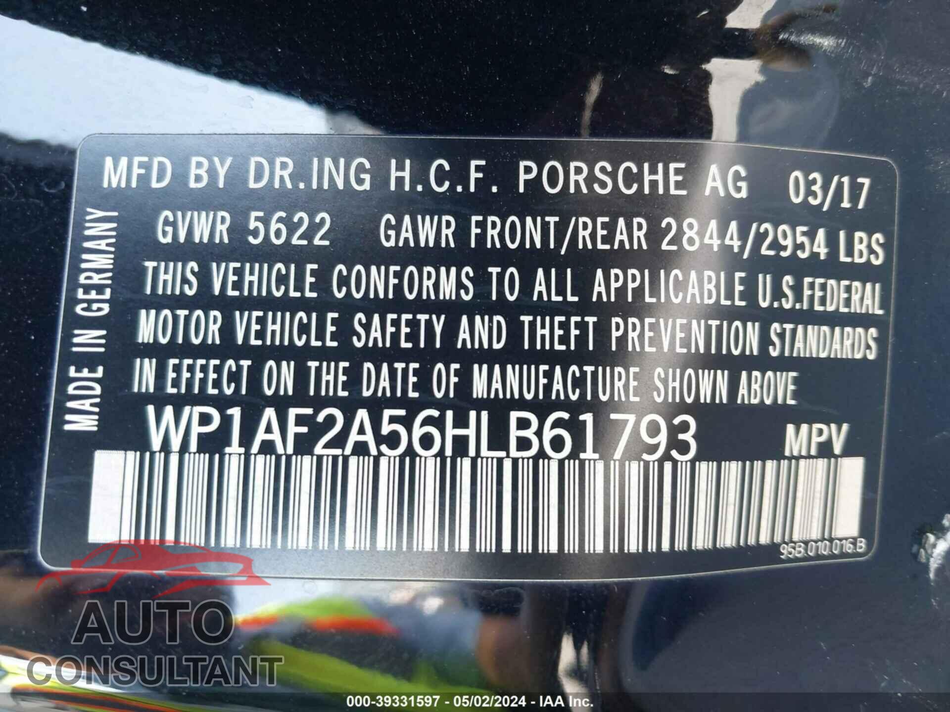 PORSCHE MACAN 2017 - WP1AF2A56HLB61793