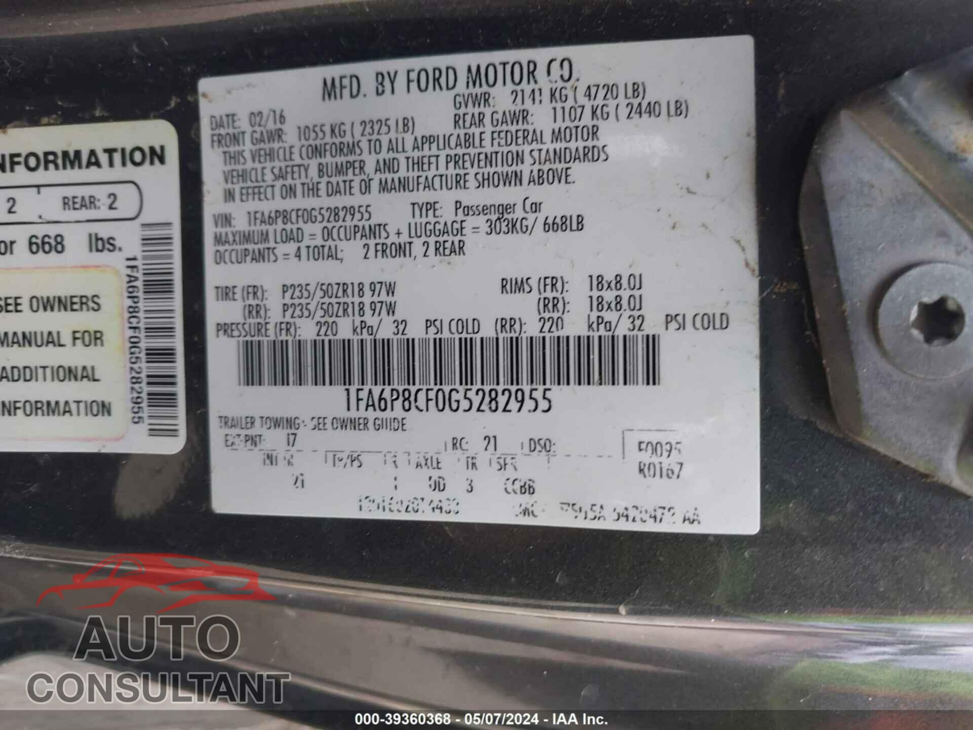 FORD MUSTANG 2016 - 1FA6P8CF0G5282955