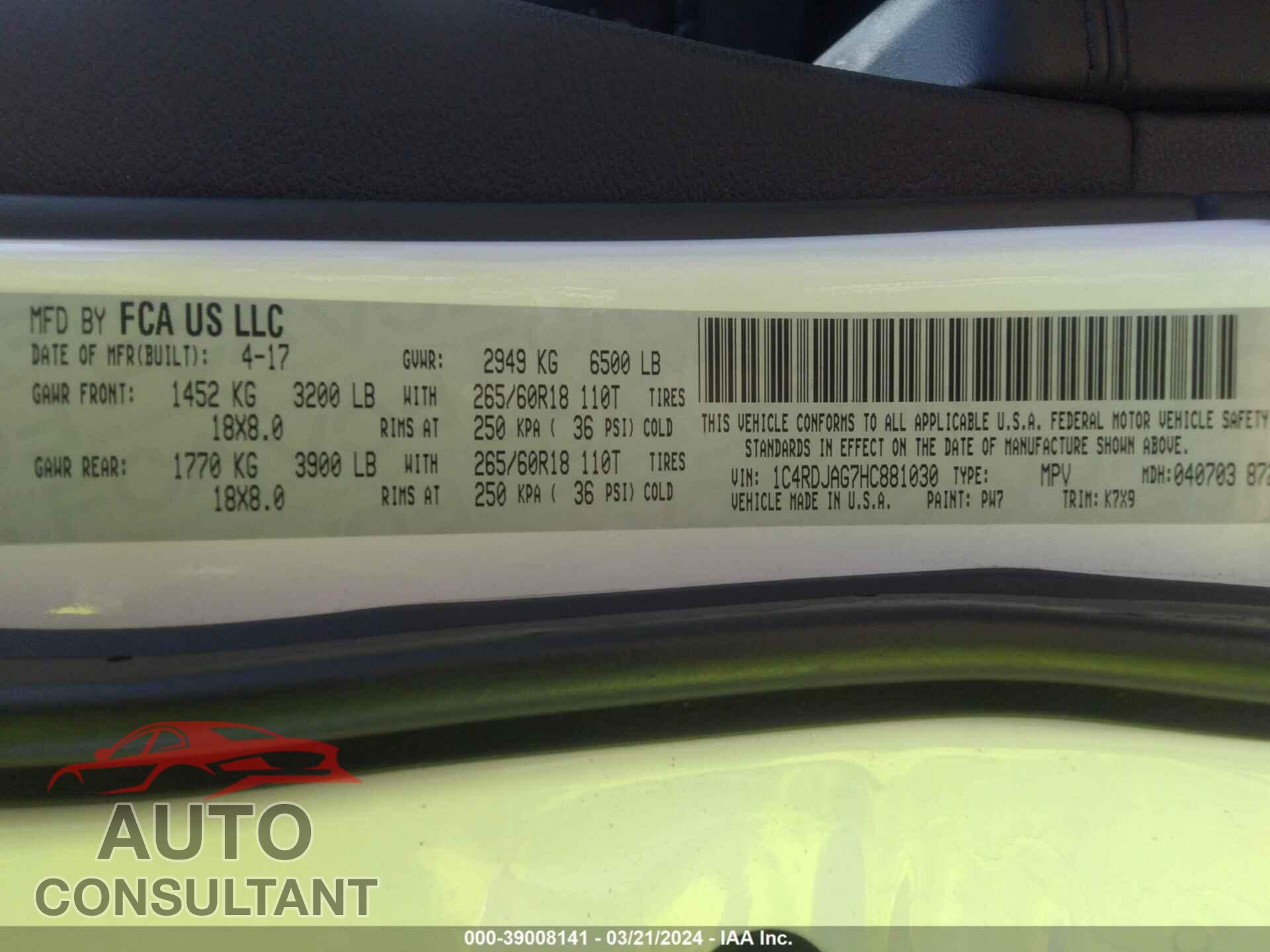 DODGE DURANGO 2017 - 1C4RDJAG7HC881030