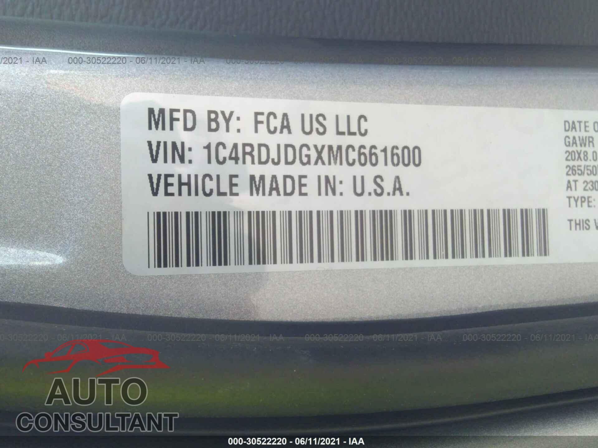 DODGE DURANGO 2021 - 1C4RDJDGXMC661600