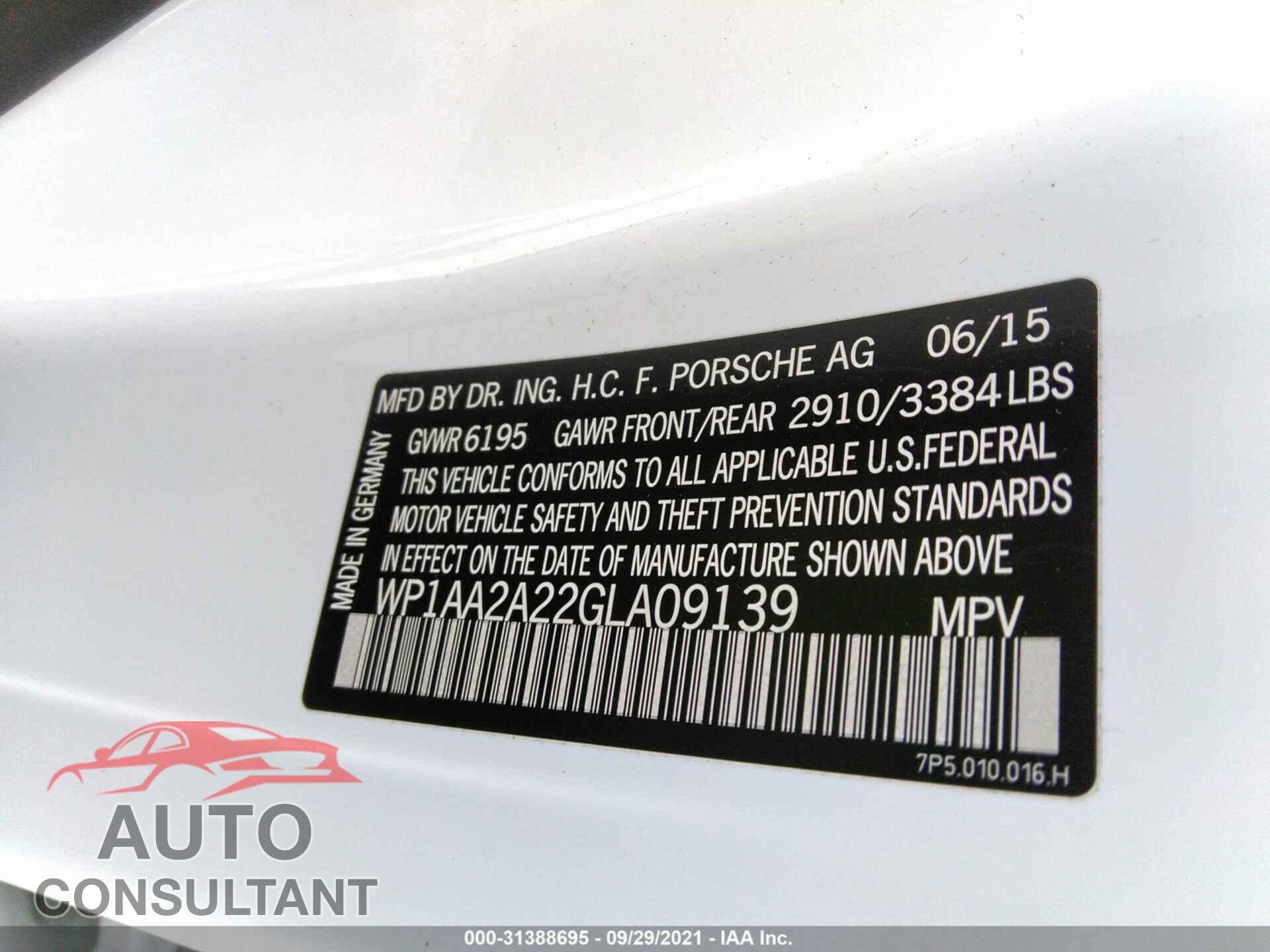 PORSCHE CAYENNE 2016 - WP1AA2A22GLA09139