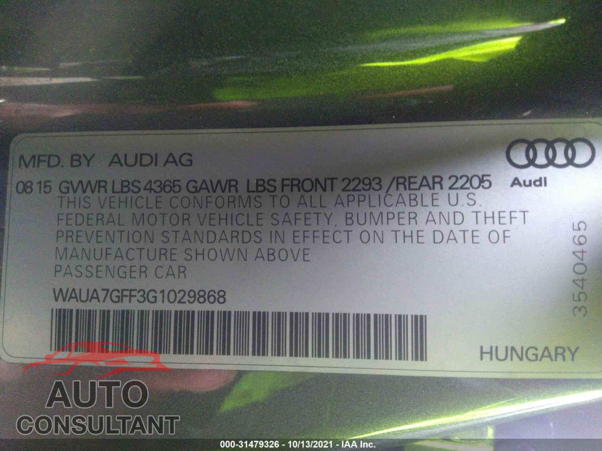 AUDI A3 2016 - WAUA7GFF3G1029868