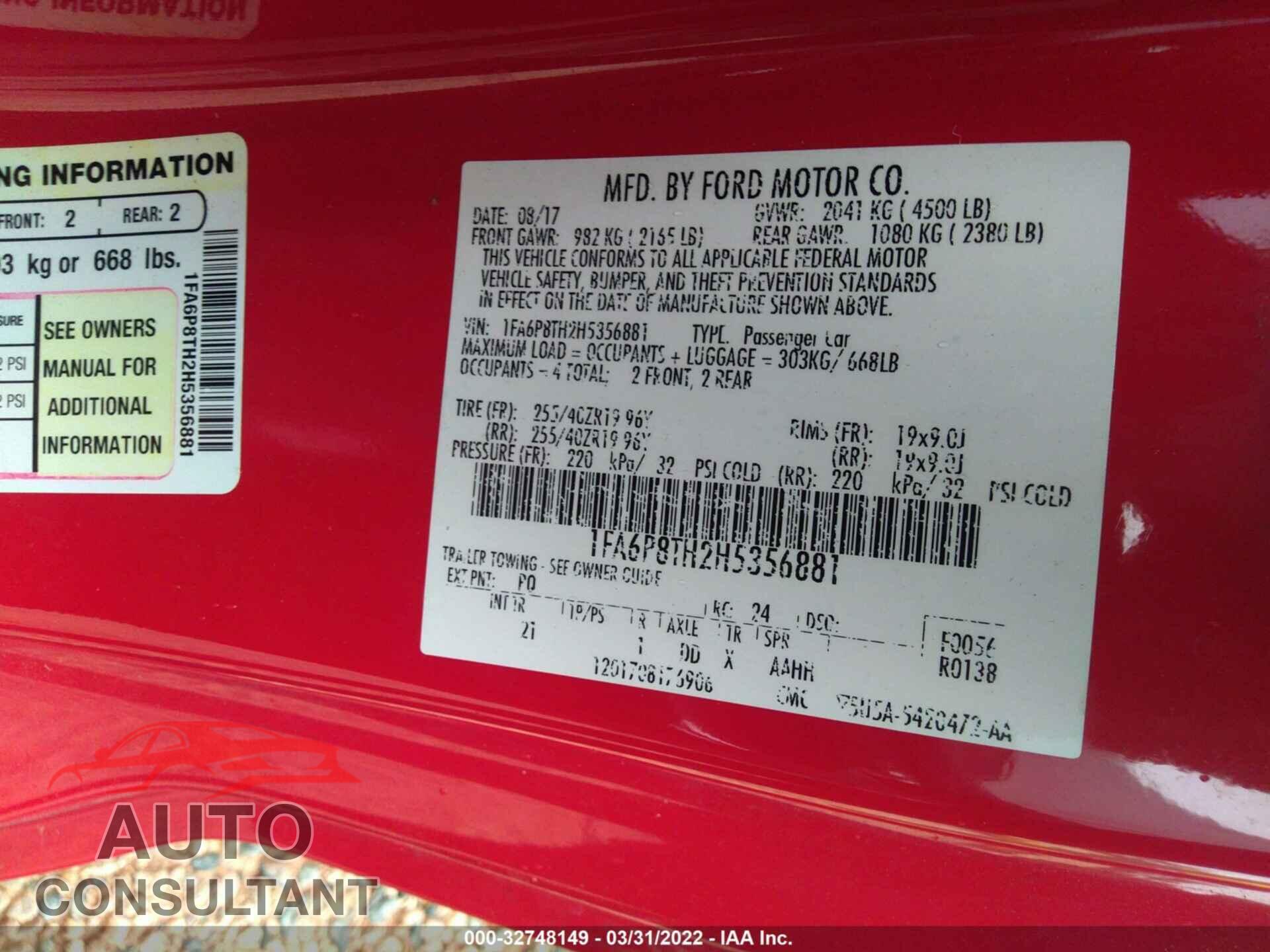 FORD MUSTANG 2017 - 1FA6P8TH2H5356881